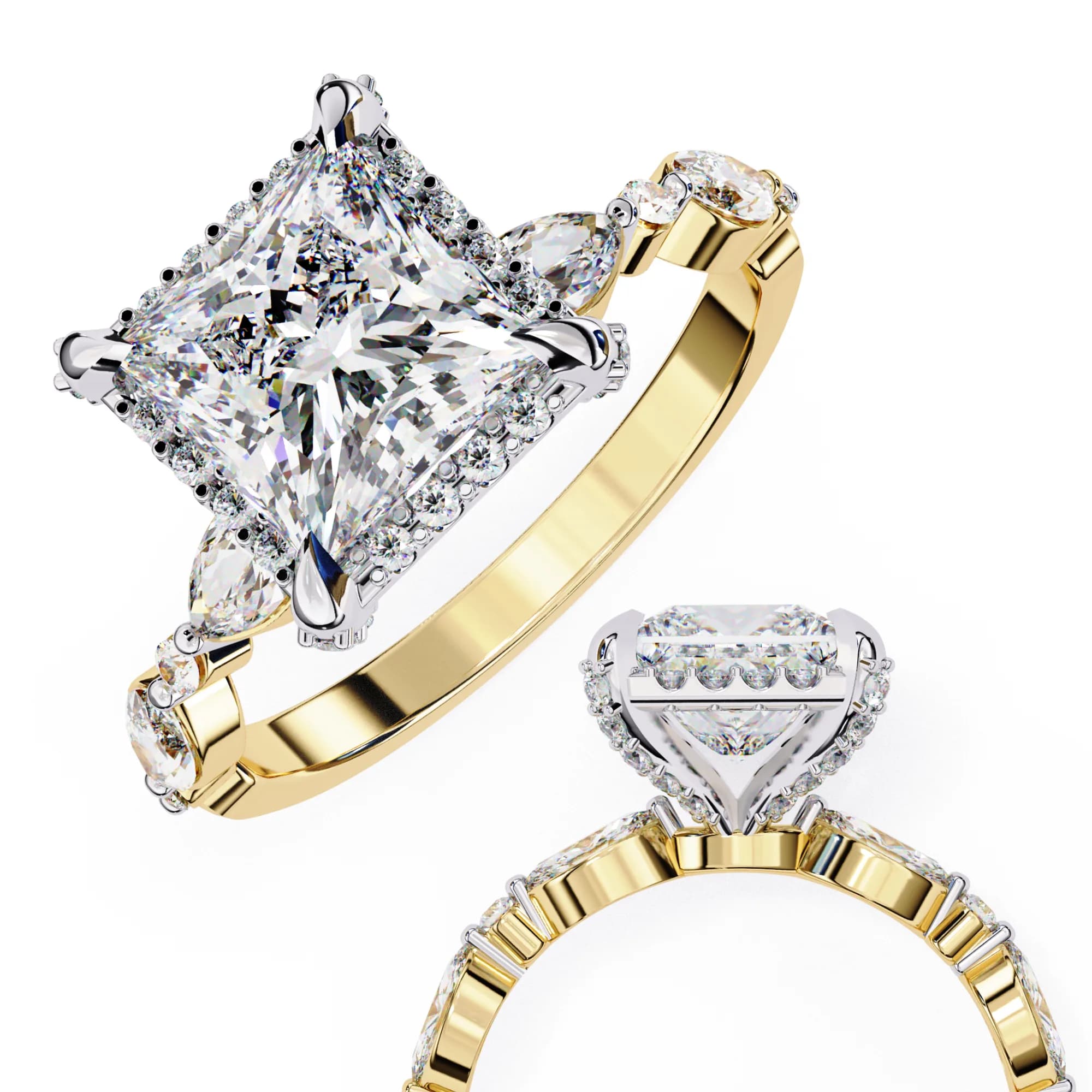 Princess cut lab grown diamond halo engagement ring with marquise side stones in yellow gold, shown from two angles
