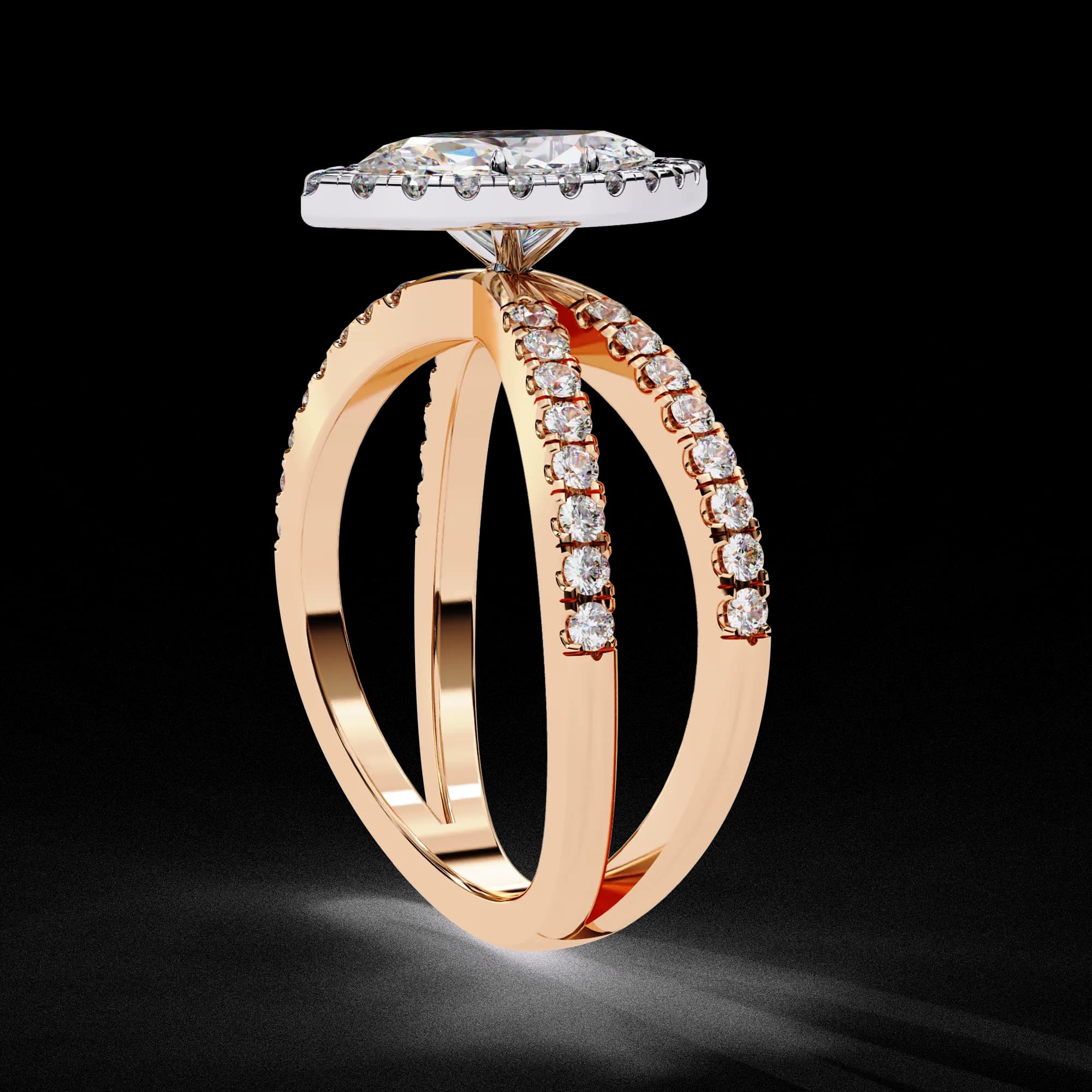 Marquise cut lab grown diamond halo criss-cross engagement ring in rose gold, side profile view