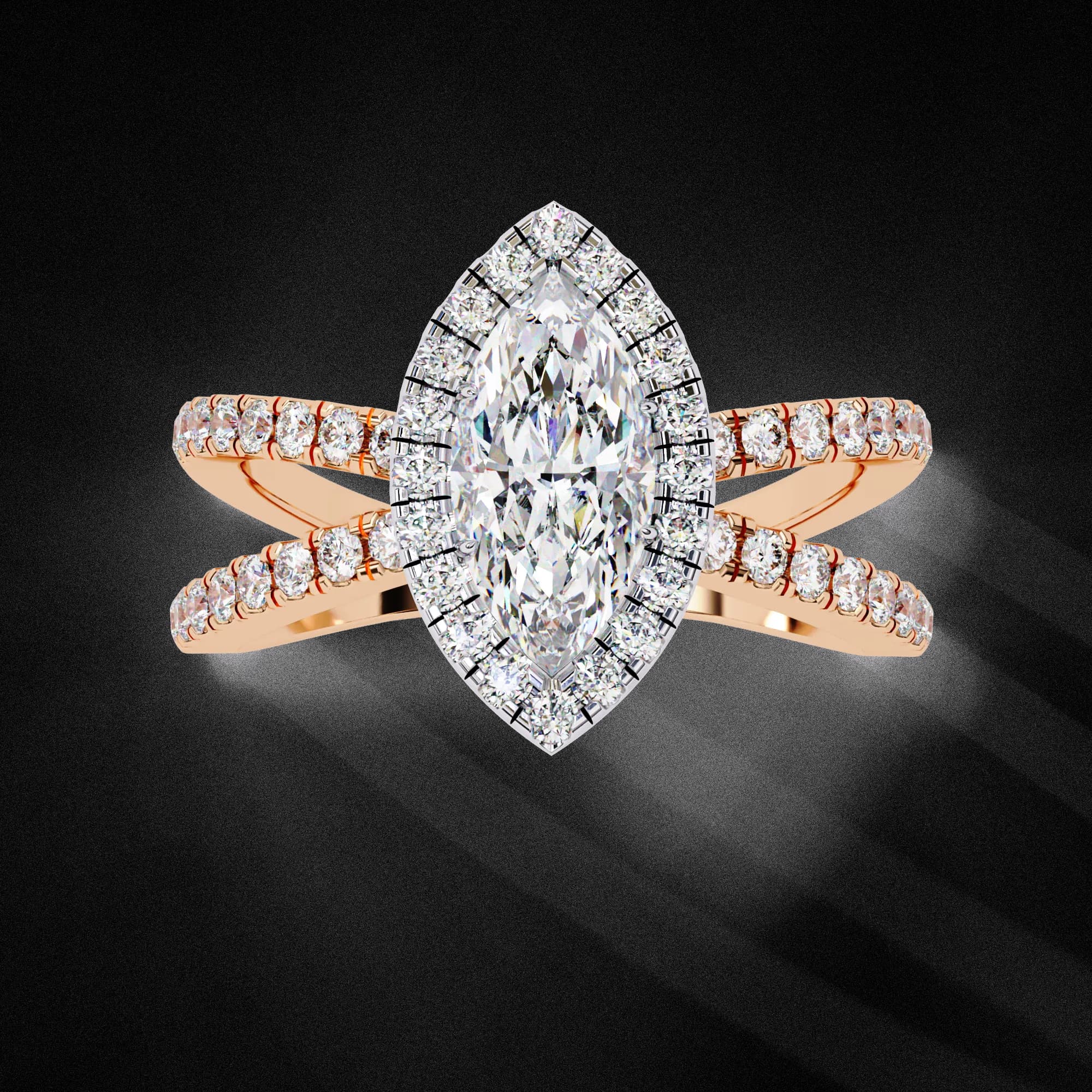 Marquise cut lab grown diamond halo criss-cross engagement ring in rose gold, angled view