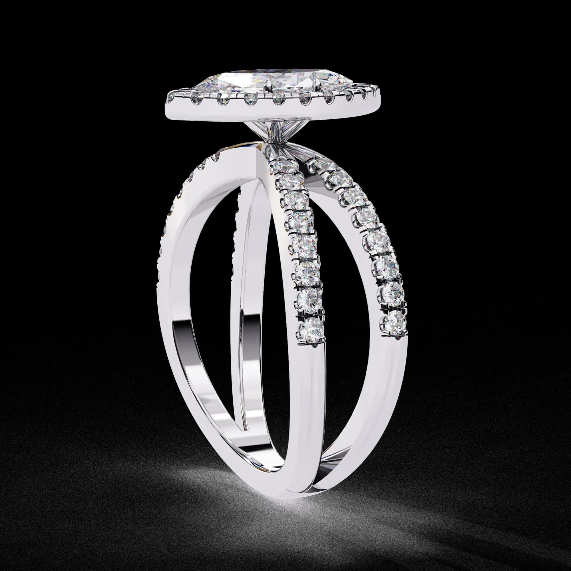 Marquise cut lab grown diamond halo criss-cross engagement ring in white gold, side profile view