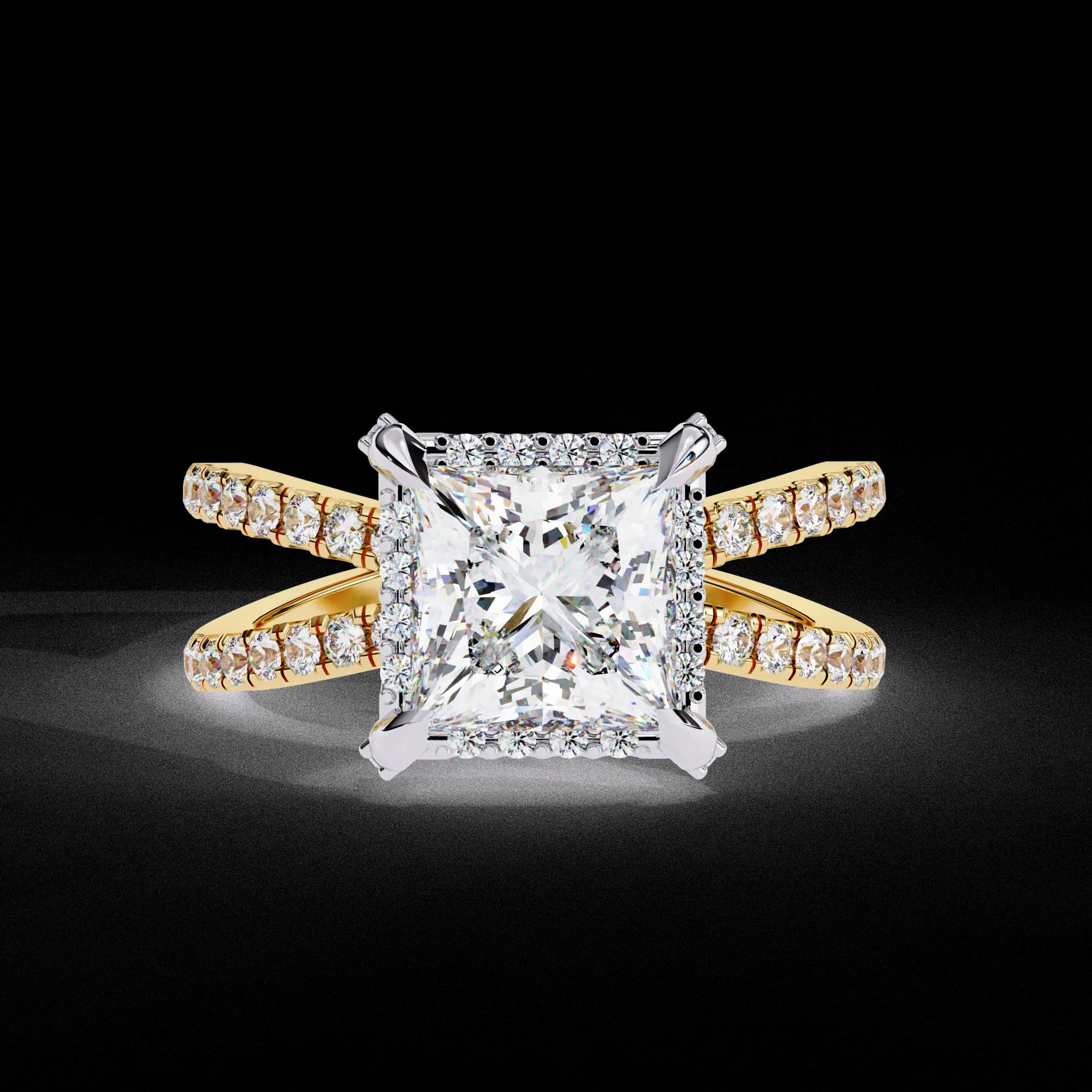Princess cut lab grown diamond halo split shank engagement ring in yellow gold, front view