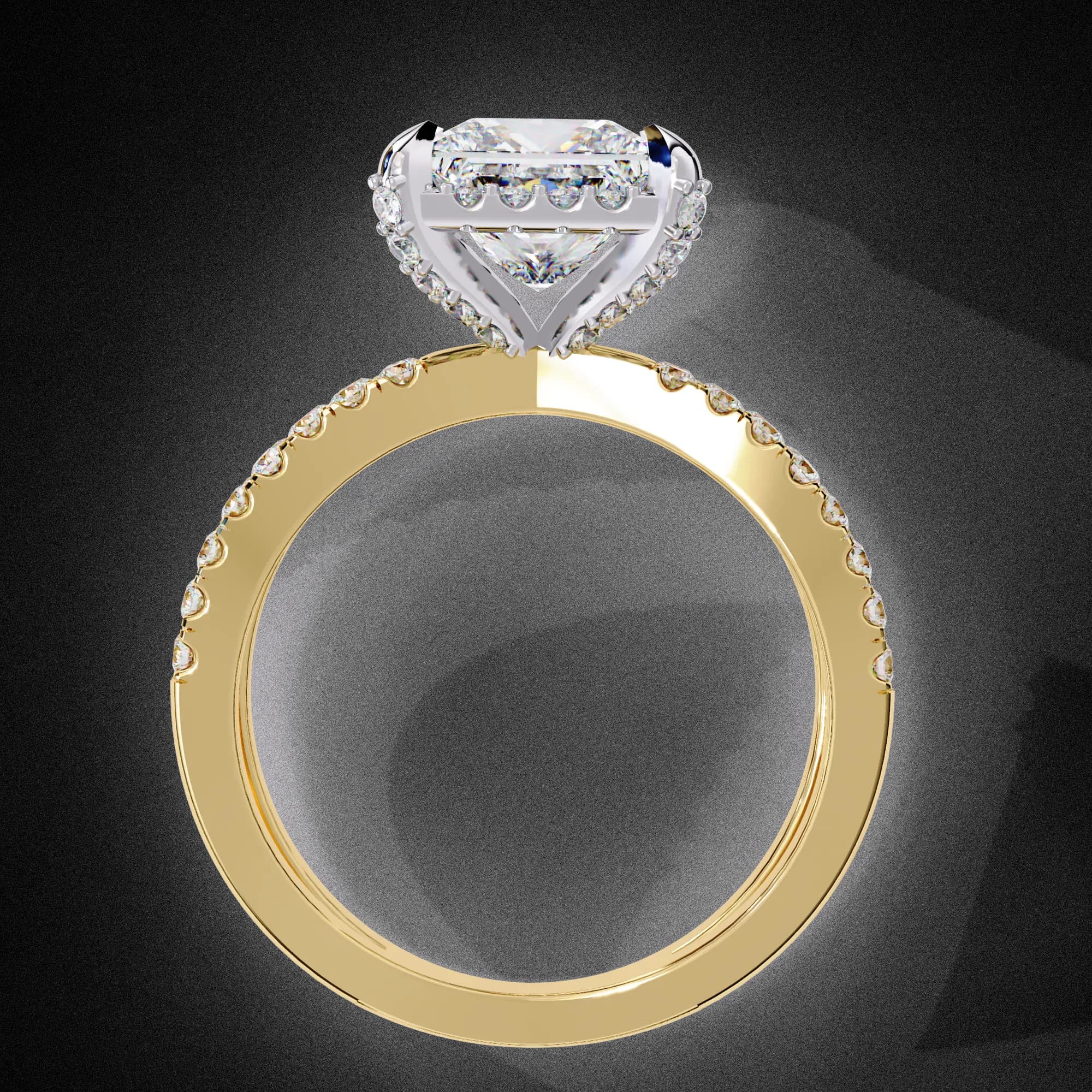 Princess cut lab grown diamond halo split shank engagement ring in yellow gold, through-finger view