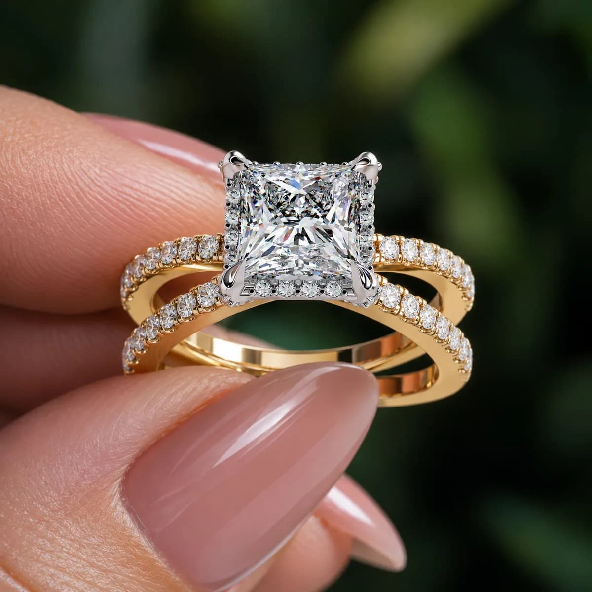 Princess cut lab grown diamond halo split shank engagement ring in yellow gold held between fingertips