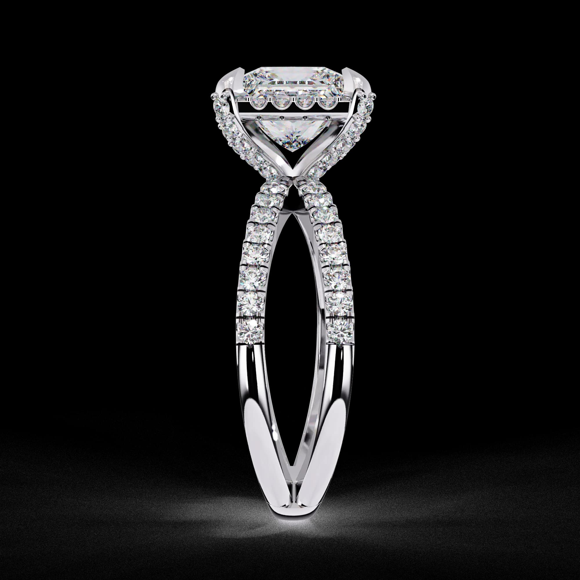 Princess cut lab grown diamond halo split shank engagement ring in white gold, side profile view