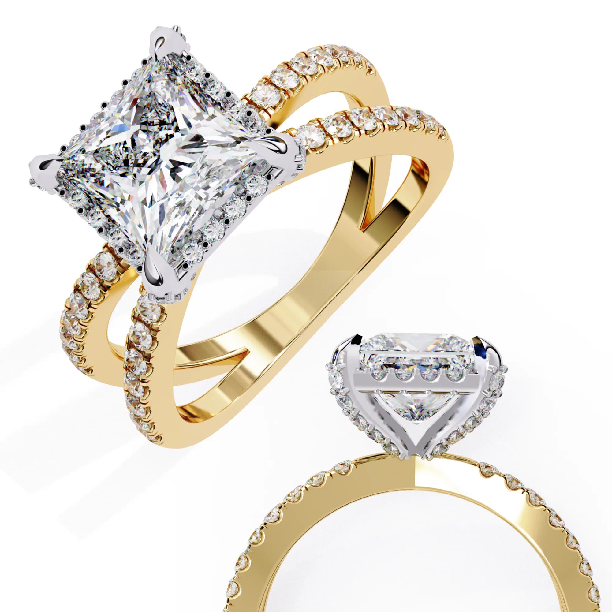 Princess cut lab grown diamond halo split shank engagement ring in yellow gold, two-view composition
