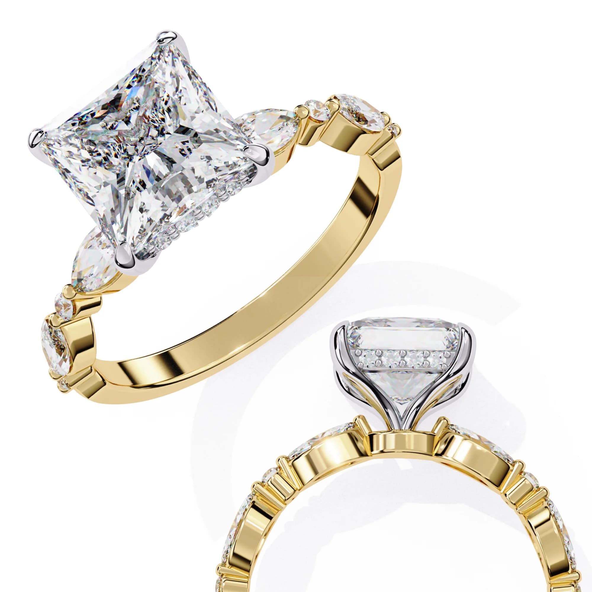 Princess cut lab grown diamond engagement ring with marquise side stones in yellow gold, shown from two angles