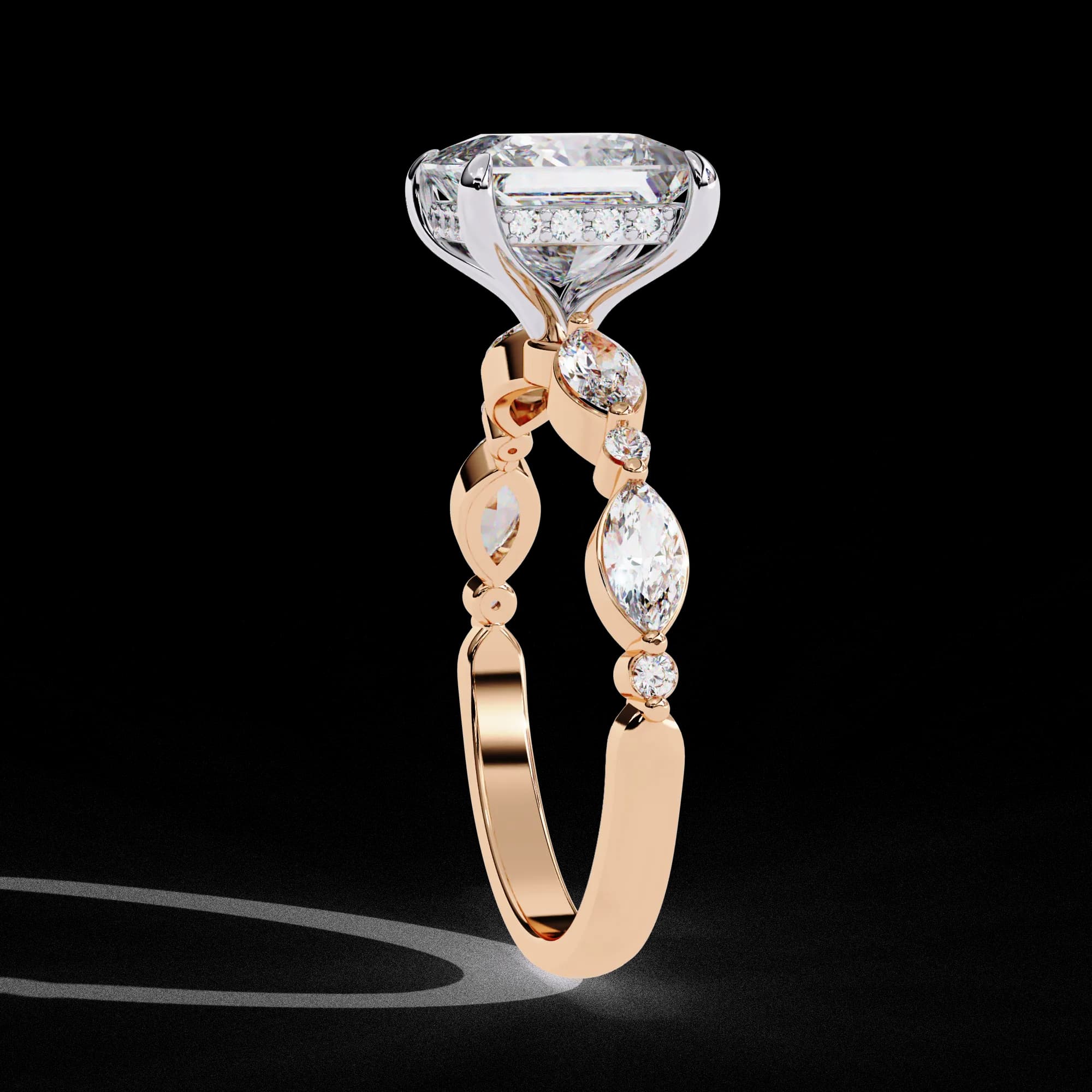 Princess cut lab grown diamond engagement ring with marquise side stones in rose gold, side profile view