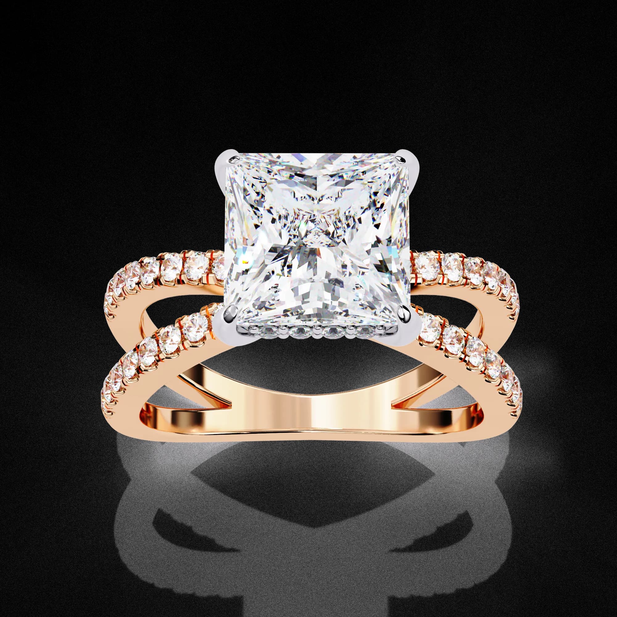 Princess cut lab grown diamond hidden halo split shank engagement ring in rose gold, angled view