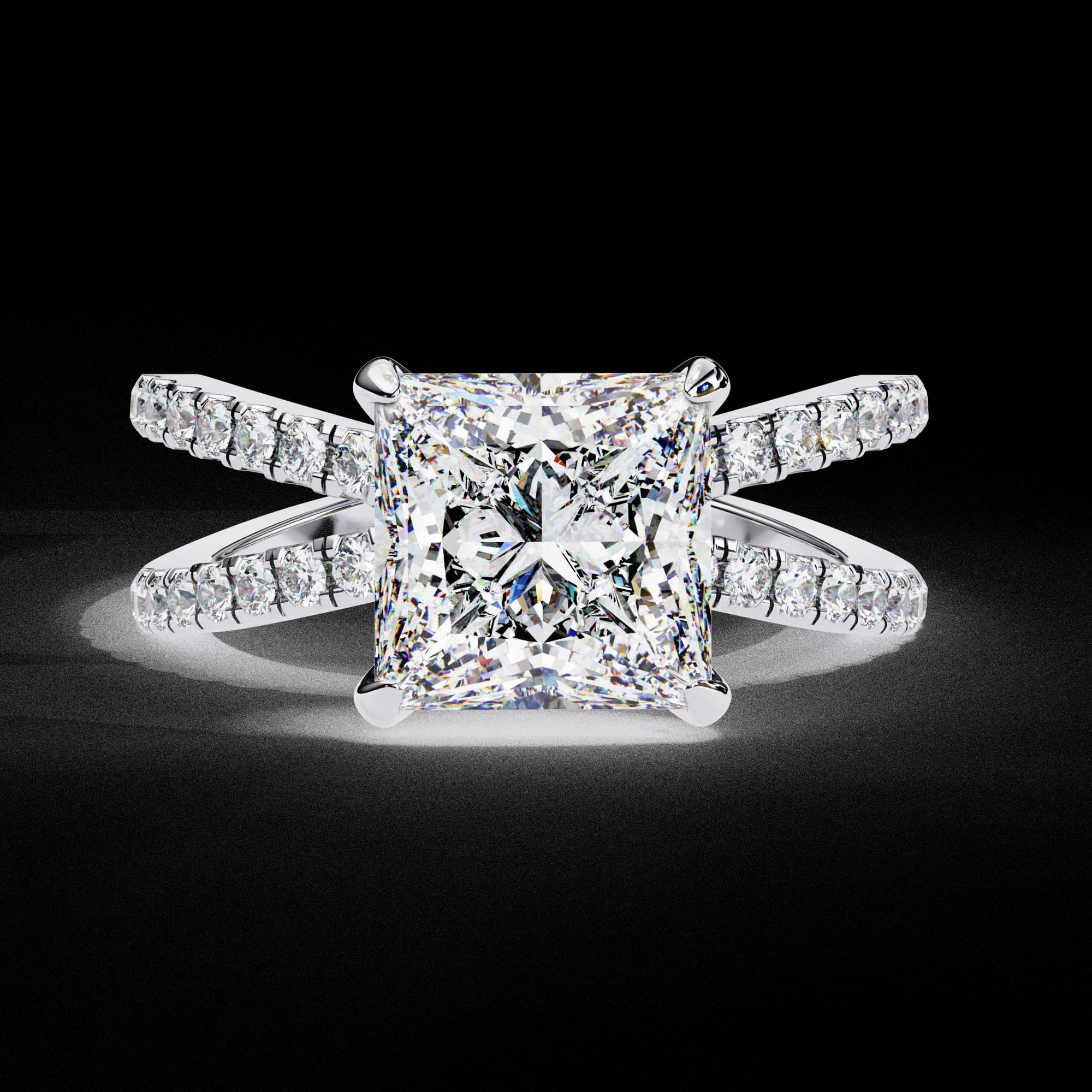 Princess cut lab grown diamond hidden halo split shank engagement ring in white gold, front view