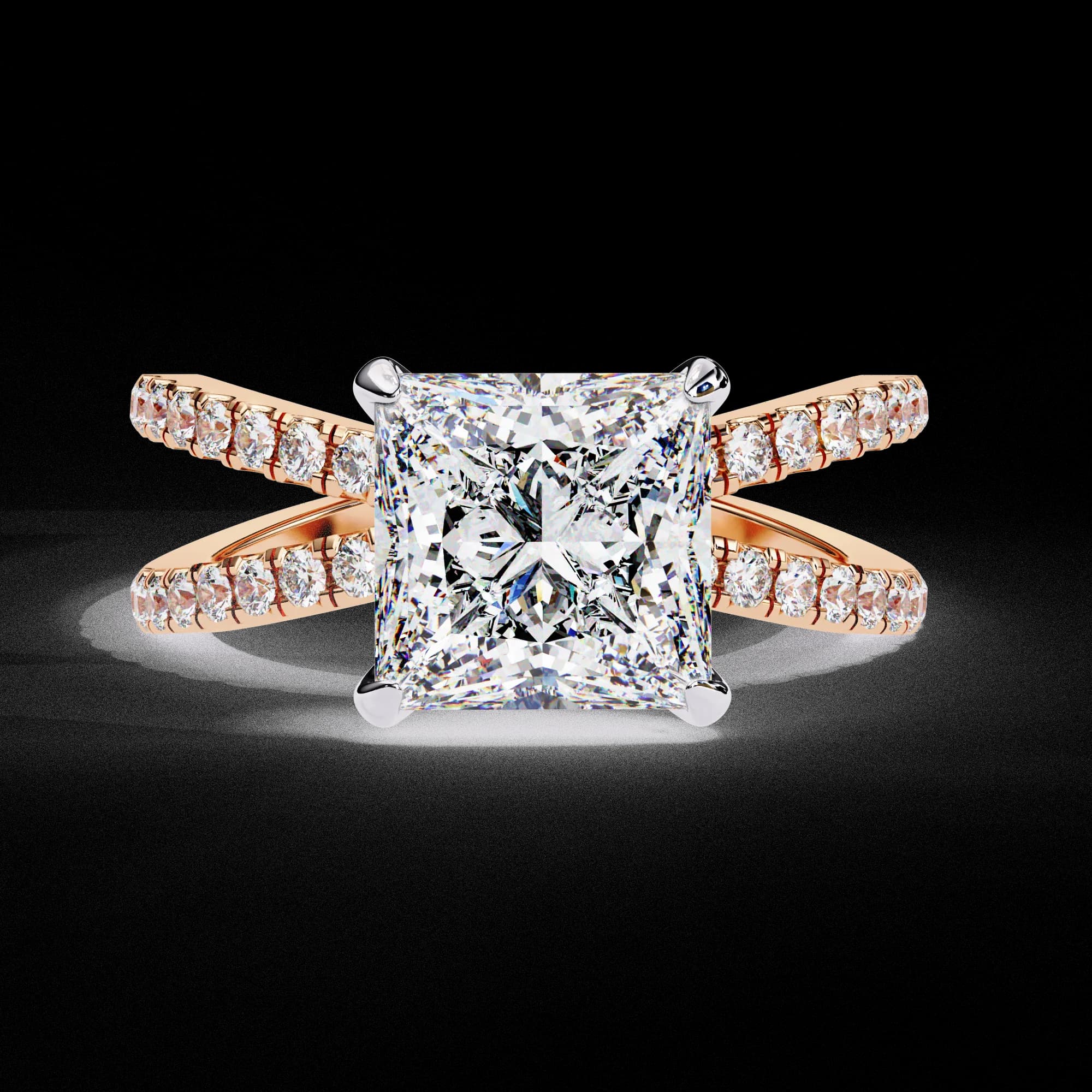 Princess cut lab grown diamond hidden halo split shank engagement ring in rose gold, front view