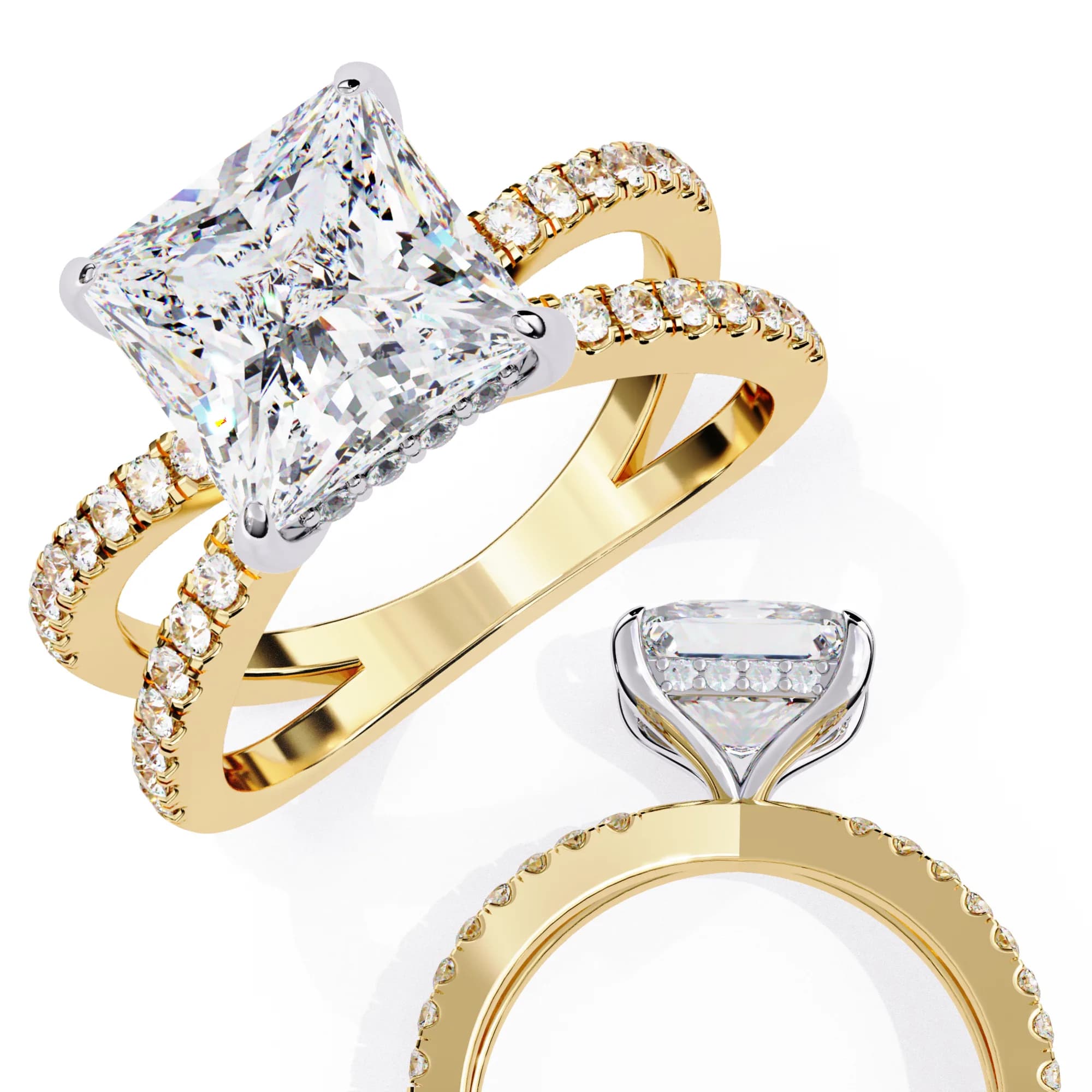 Princess cut lab grown diamond hidden halo split shank engagement ring in yellow gold, angled and through-finger detail views