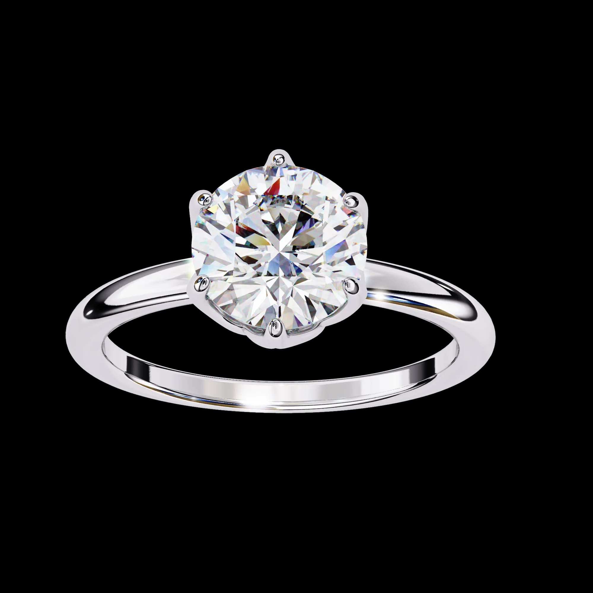 Round lab grown diamond six-claw tulip basket solitaire engagement ring in white gold, angled view