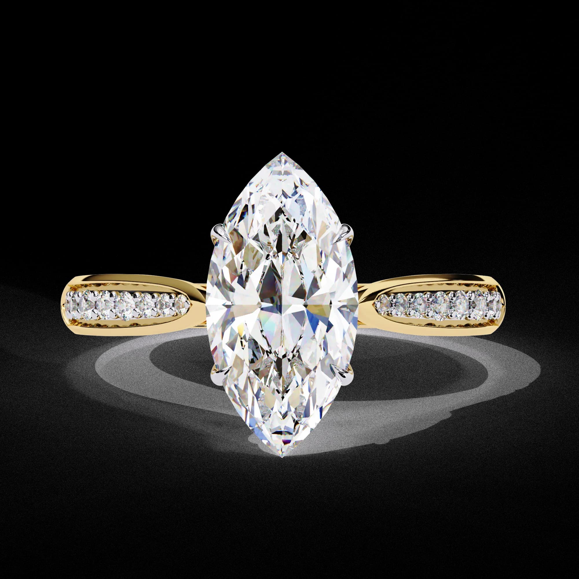 Marquise lab grown diamond cathedral engagement ring with pavé shoulders in yellow gold, front view