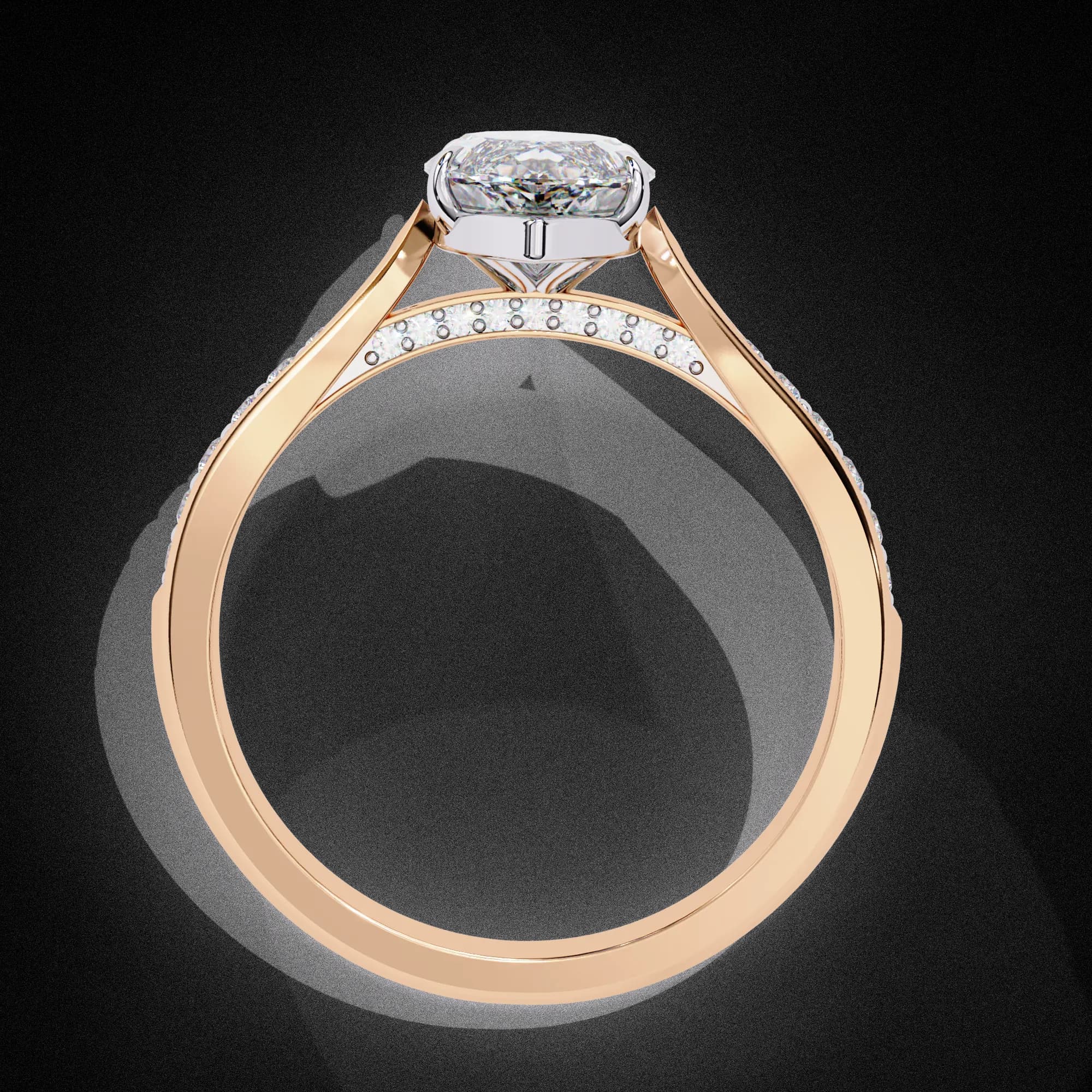 Marquise lab grown diamond cathedral engagement ring with pavé shoulders in rose gold, through-finger view