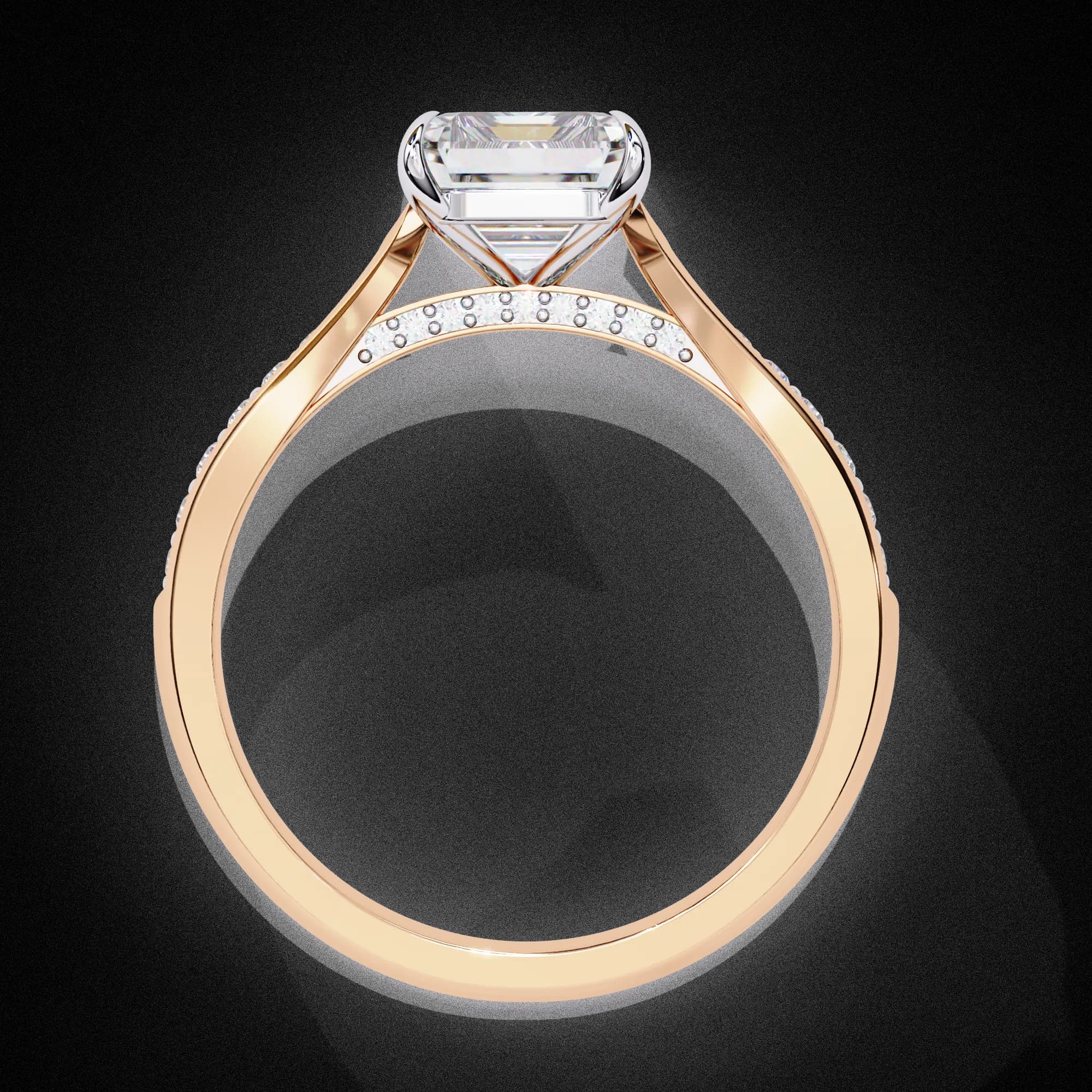 Radiant cut lab grown diamond pavé shoulder engagement ring in rose gold, through-finger view