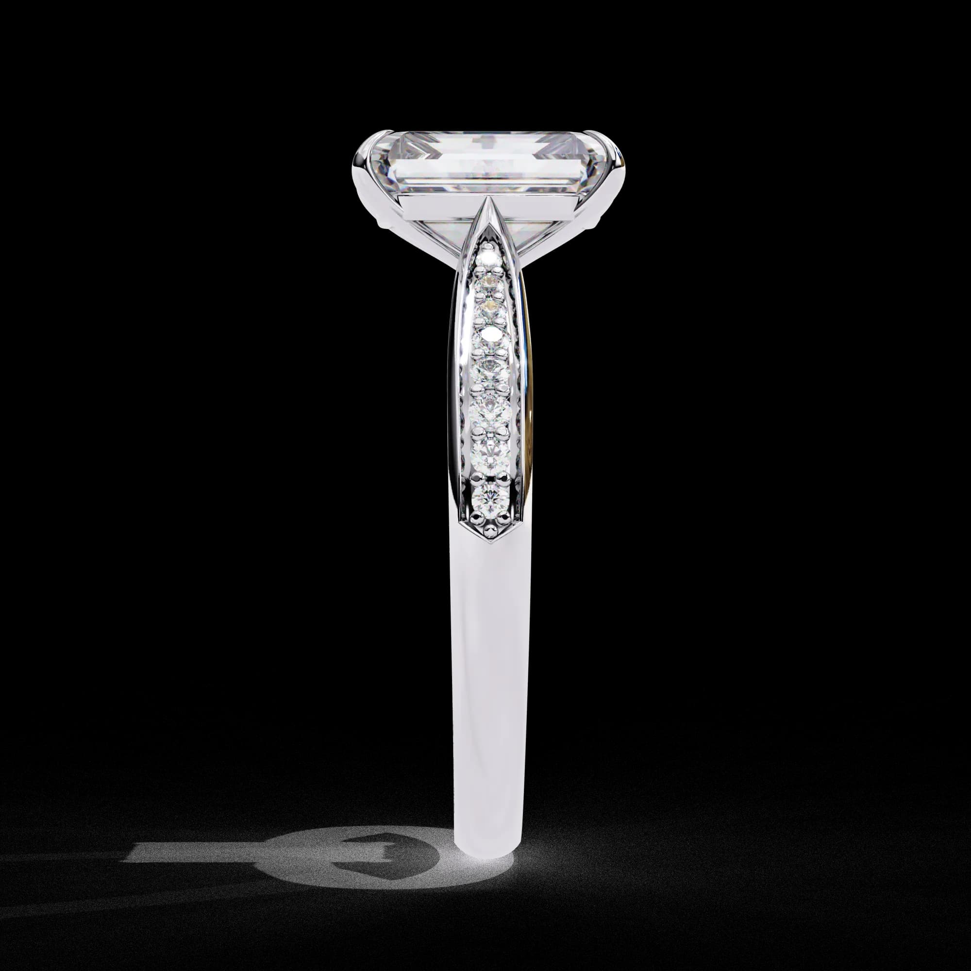 Radiant cut lab grown diamond pavé shoulder engagement ring in white gold, side profile view