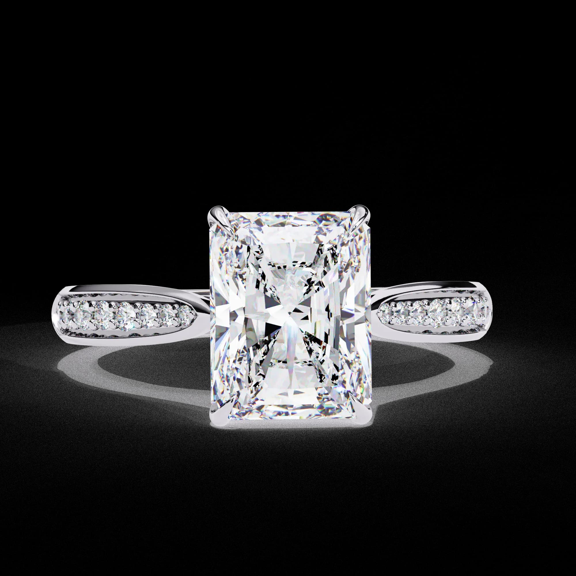 Radiant cut lab grown diamond pavé shoulder engagement ring in white gold, front view