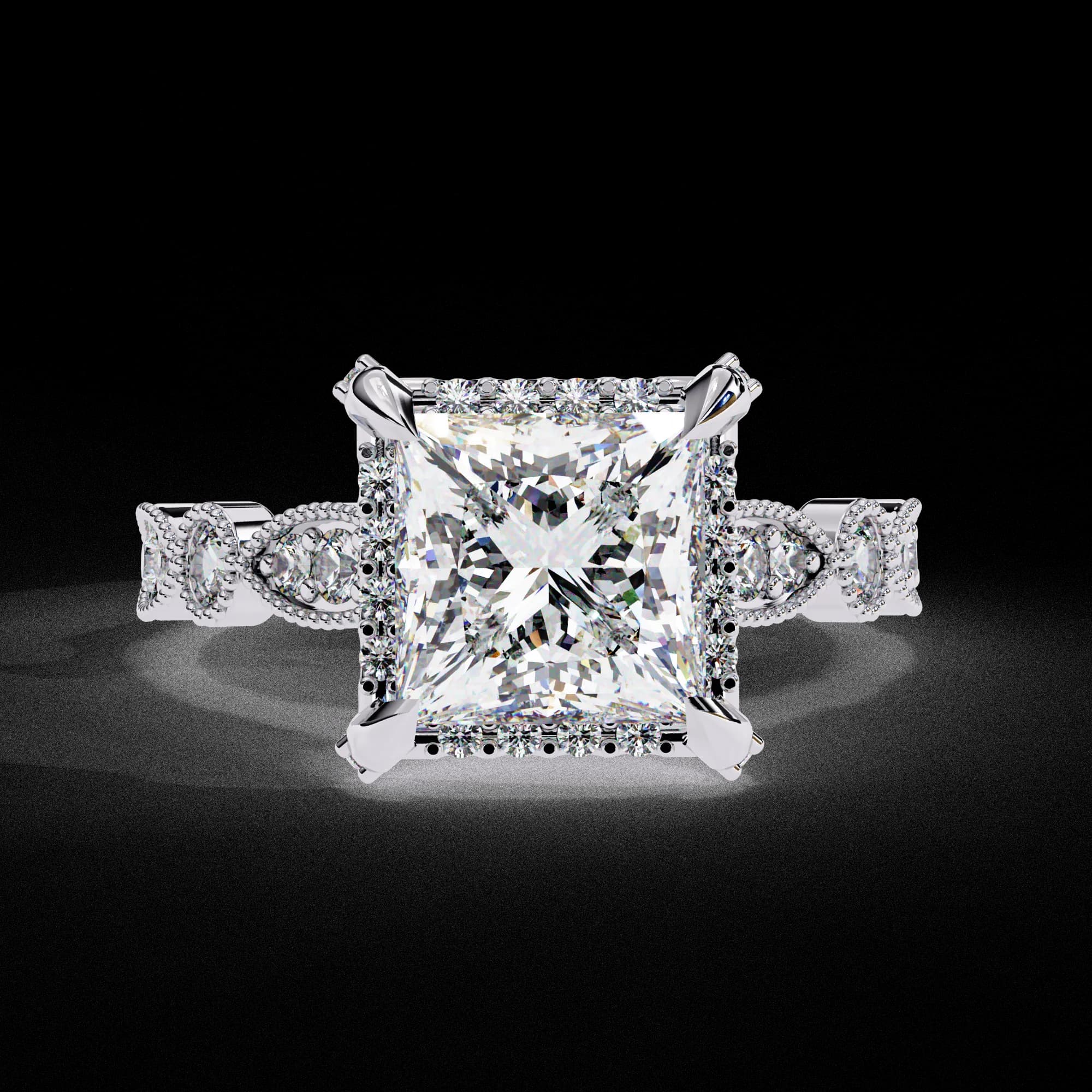 Princess cut lab grown diamond halo engagement ring with vintage band in white gold, front view