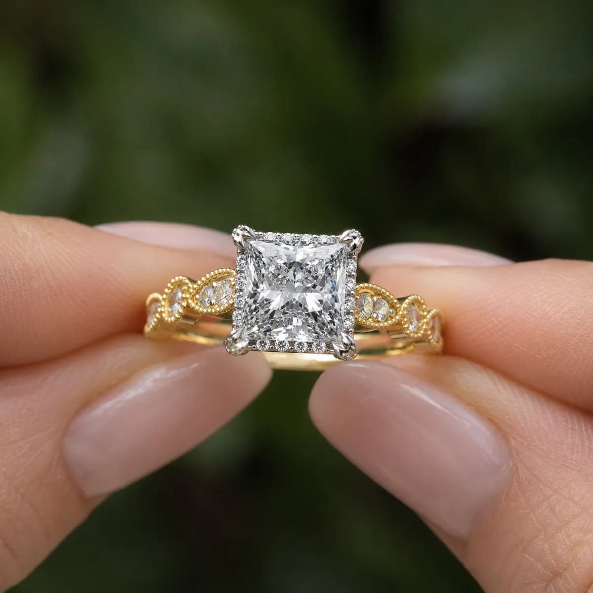 Princess cut lab grown diamond halo engagement ring with vintage band in yellow gold held between fingertips