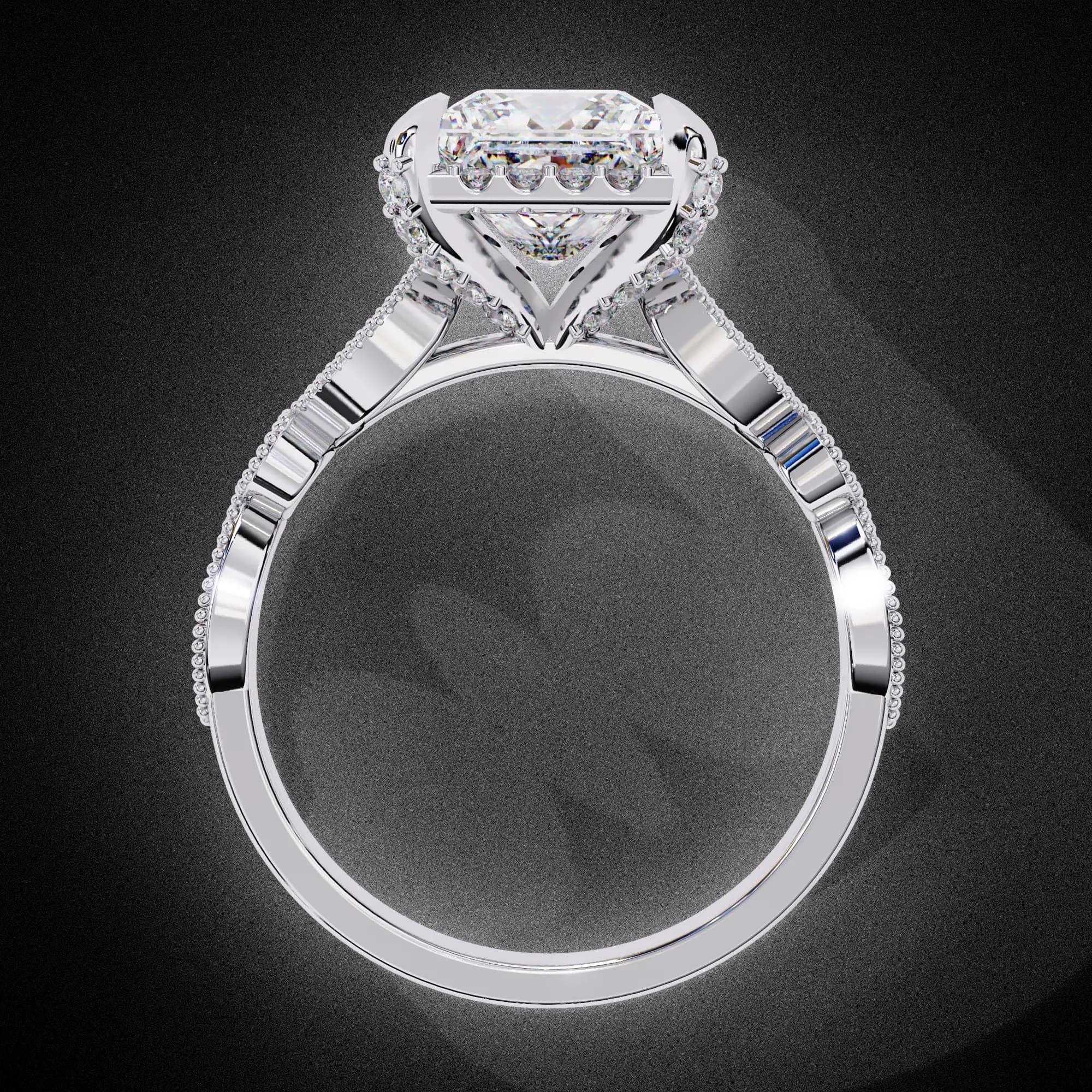 Princess cut lab grown diamond halo engagement ring with vintage band in white gold, through-finger view