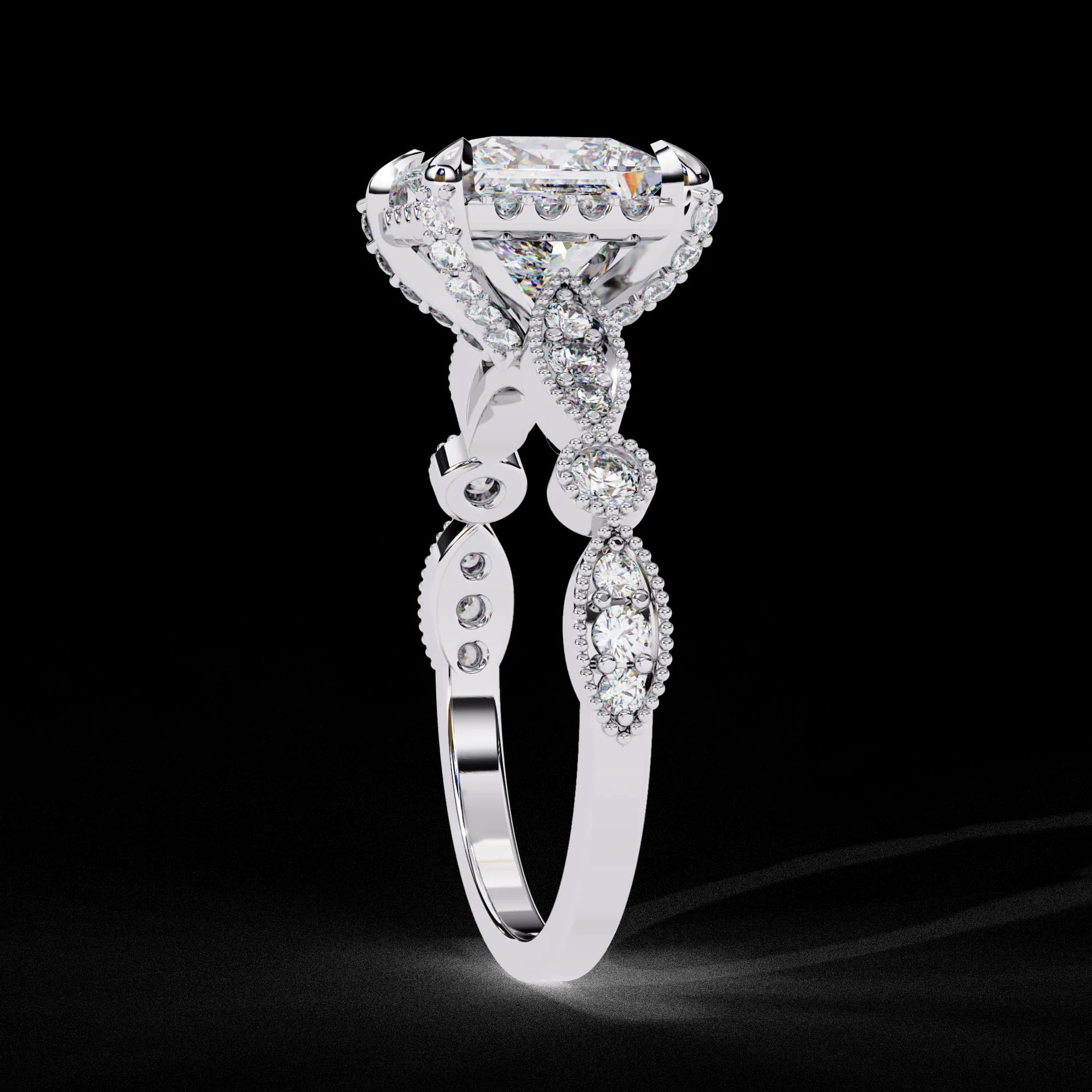 Princess cut lab grown diamond halo engagement ring with vintage band in white gold, side profile view