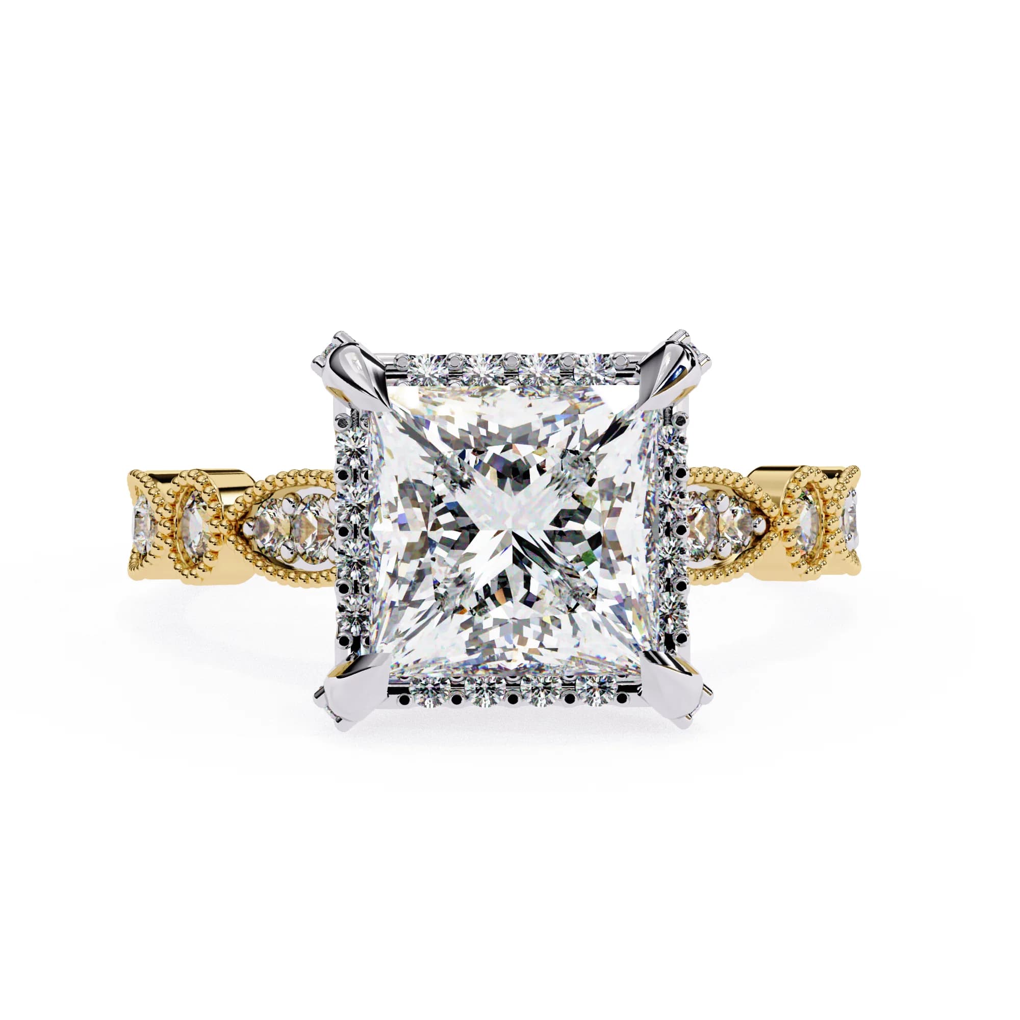Princess cut lab grown diamond halo engagement ring with vintage band in yellow gold, front view