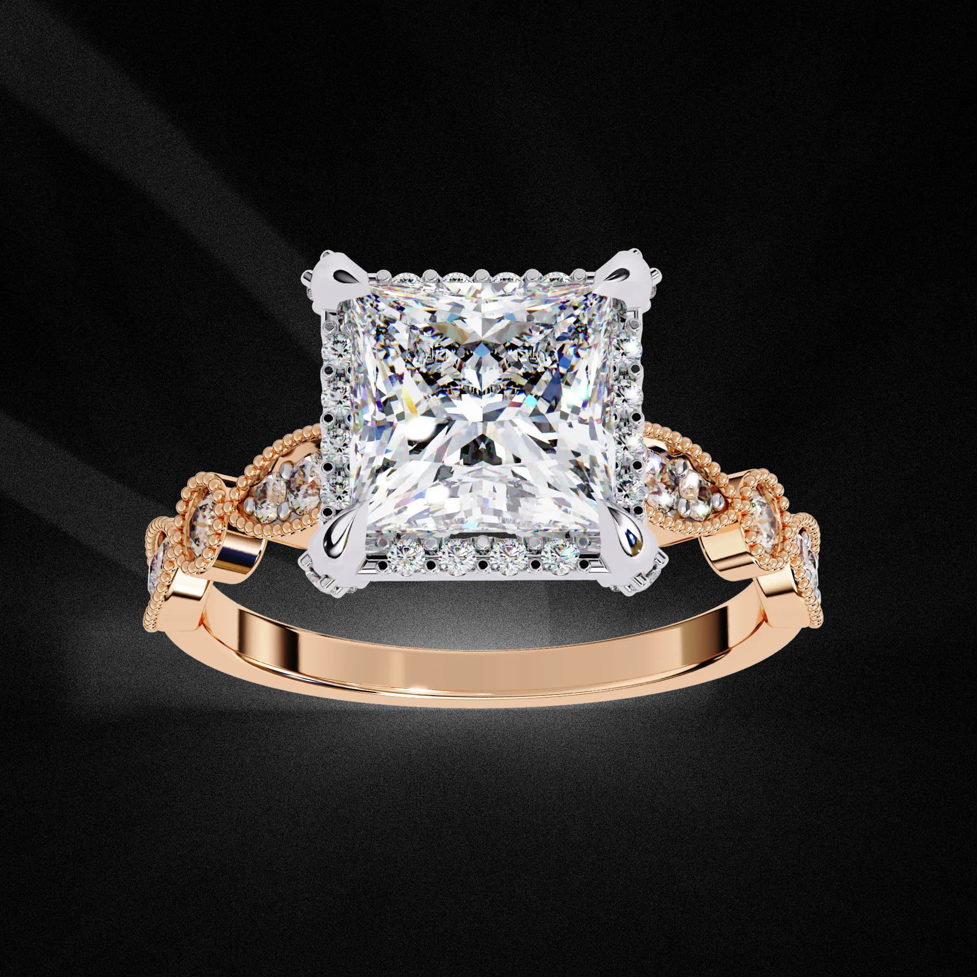Princess cut lab grown diamond halo engagement ring with vintage band in rose gold, angled view