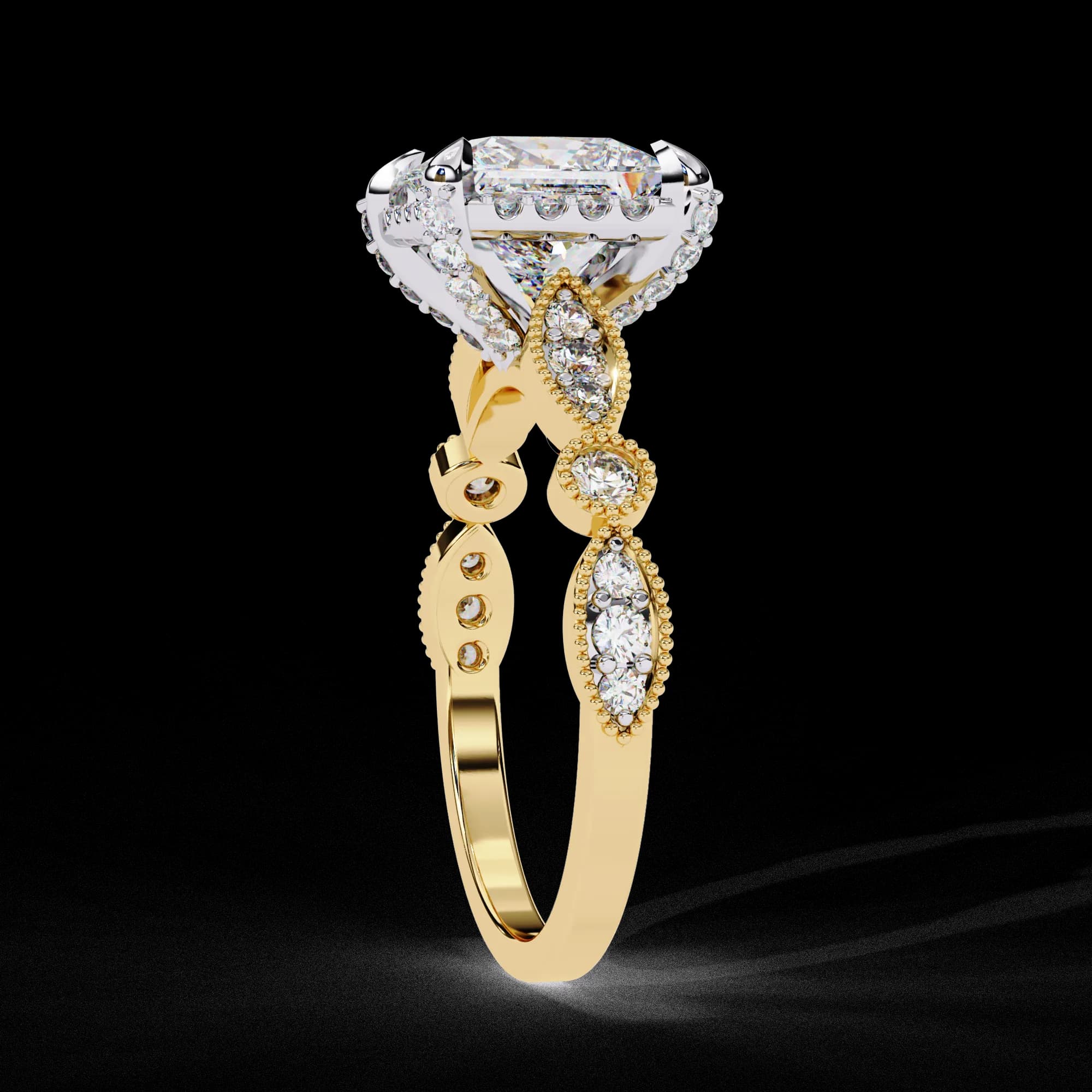Princess cut lab grown diamond halo engagement ring with vintage band in yellow gold, side profile view