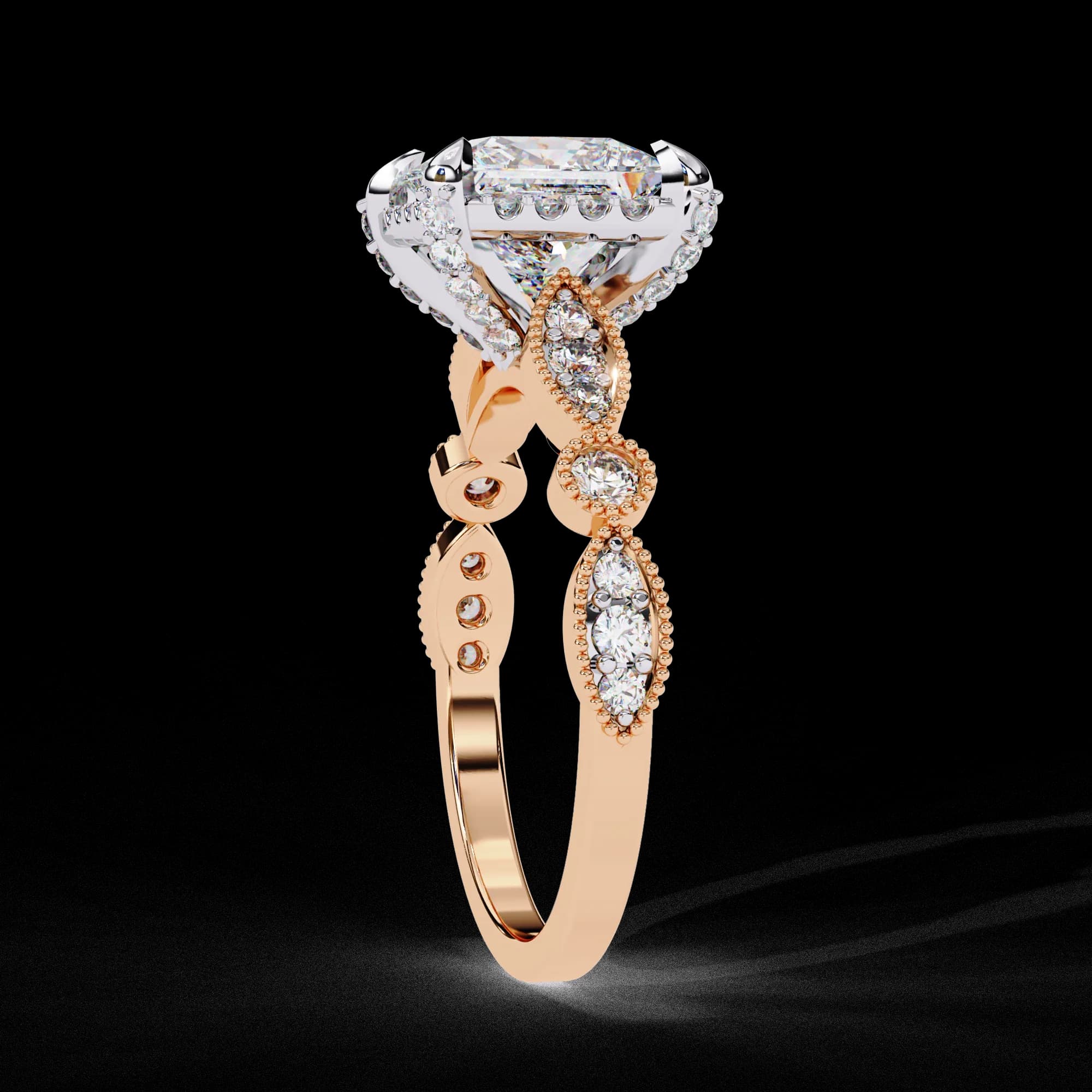 Princess cut lab grown diamond halo engagement ring with vintage band in rose gold, side profile view