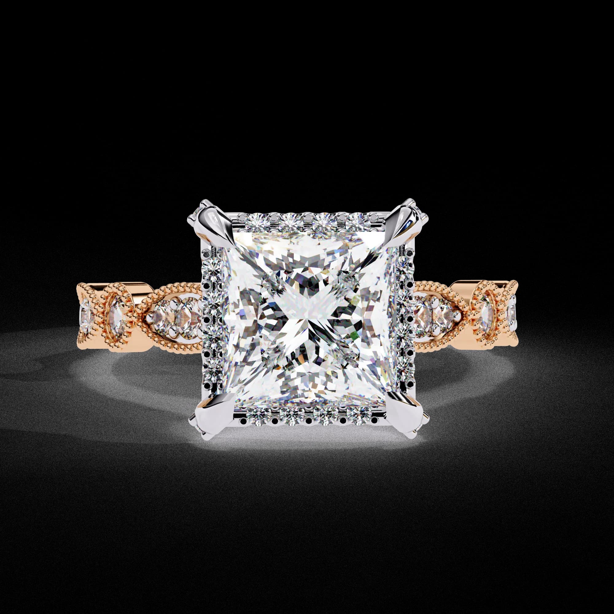 Princess cut lab grown diamond halo engagement ring with vintage band in rose gold, front view