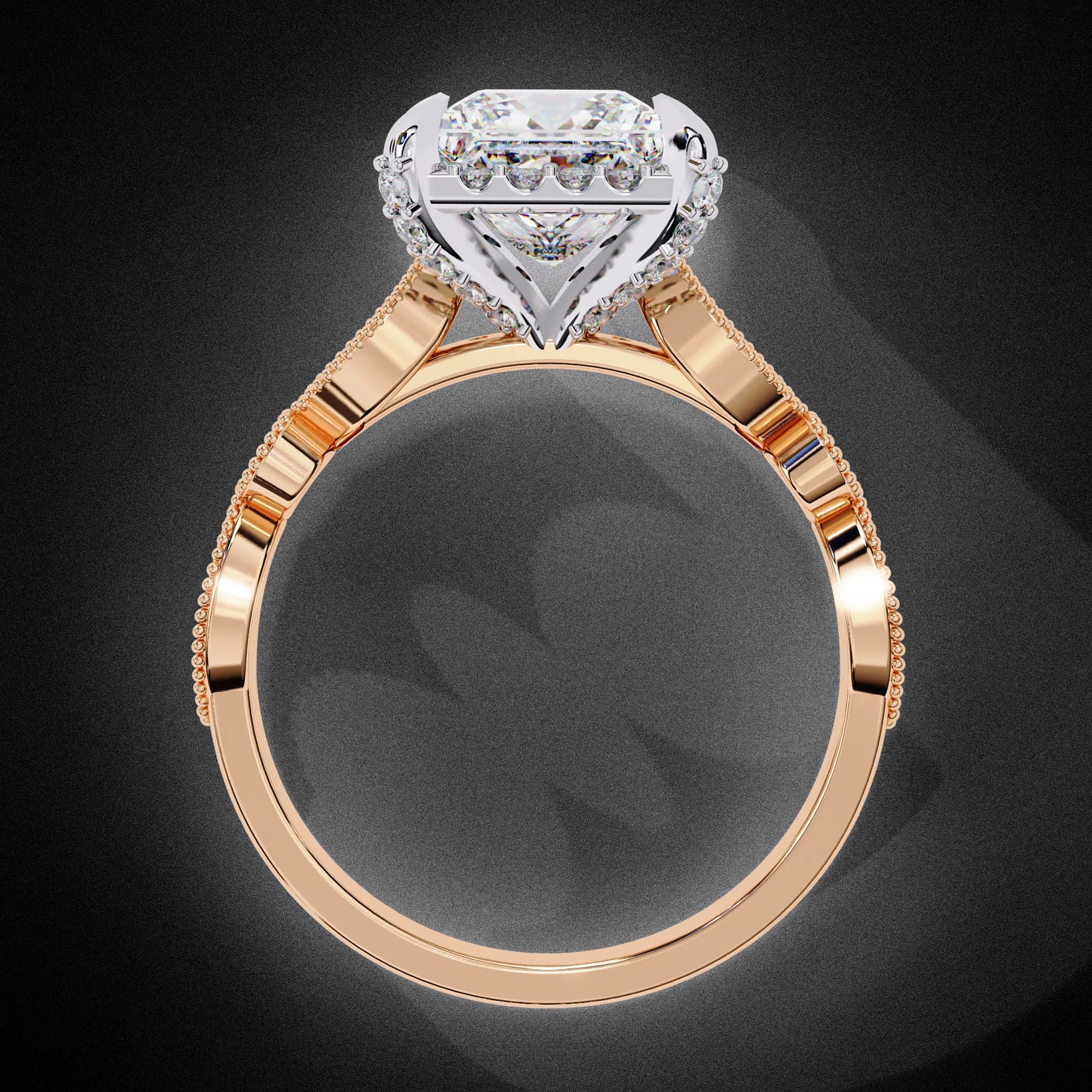 Princess cut lab grown diamond halo engagement ring with vintage band in rose gold, through-finger view
