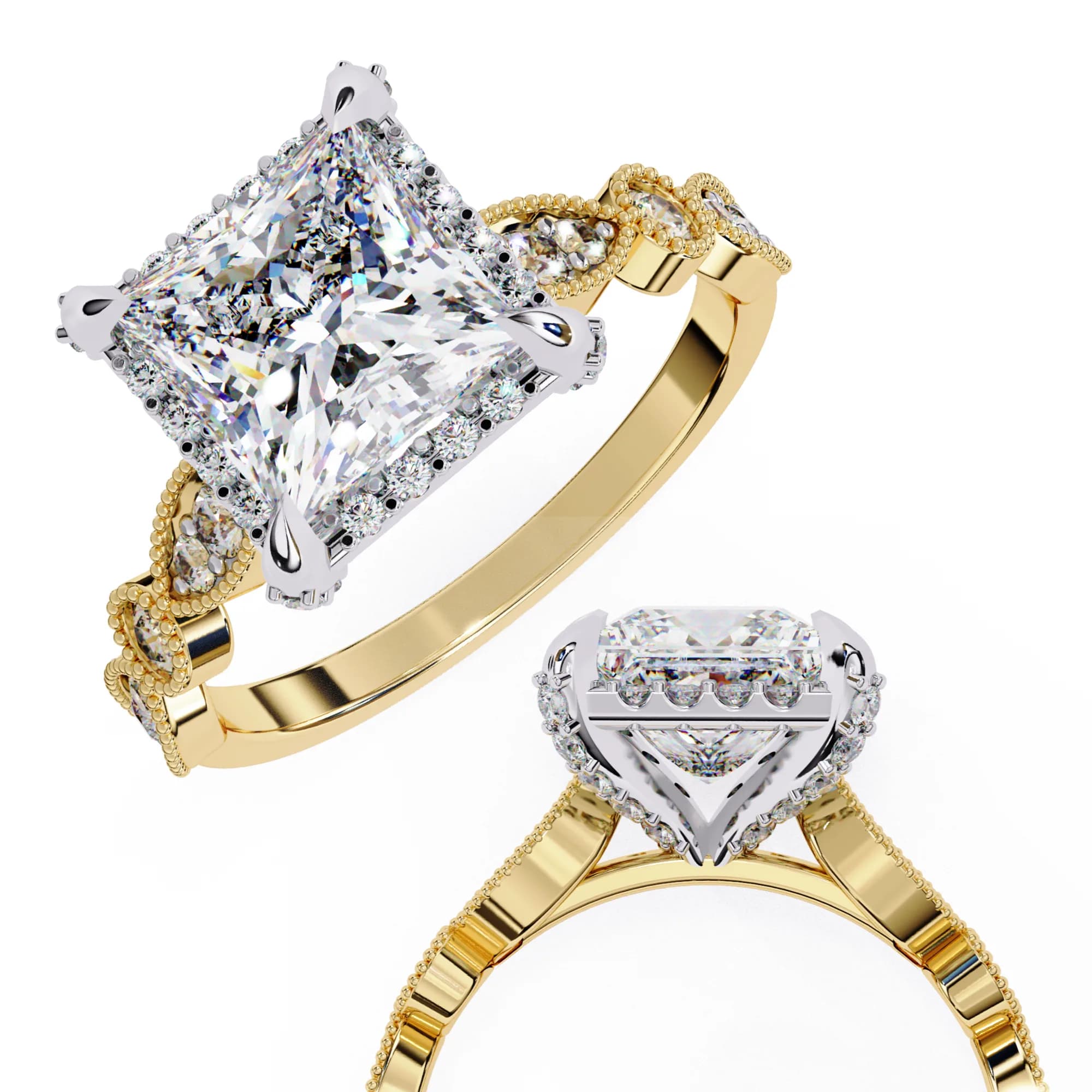 Princess cut lab grown diamond halo engagement ring with vintage band in yellow gold, angled view with a close-up of the setting