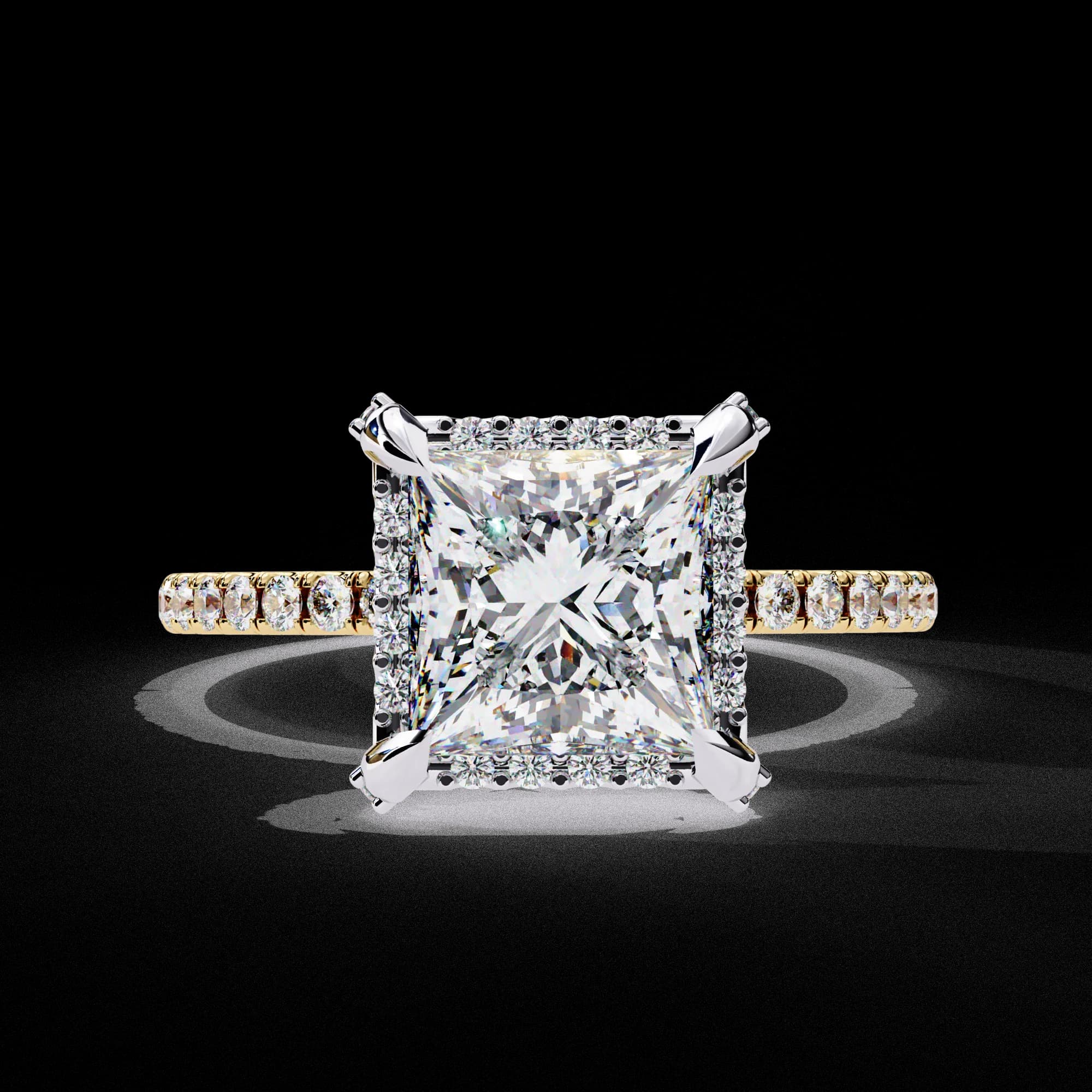 Princess cut lab grown diamond halo pavé engagement ring in yellow gold, front view