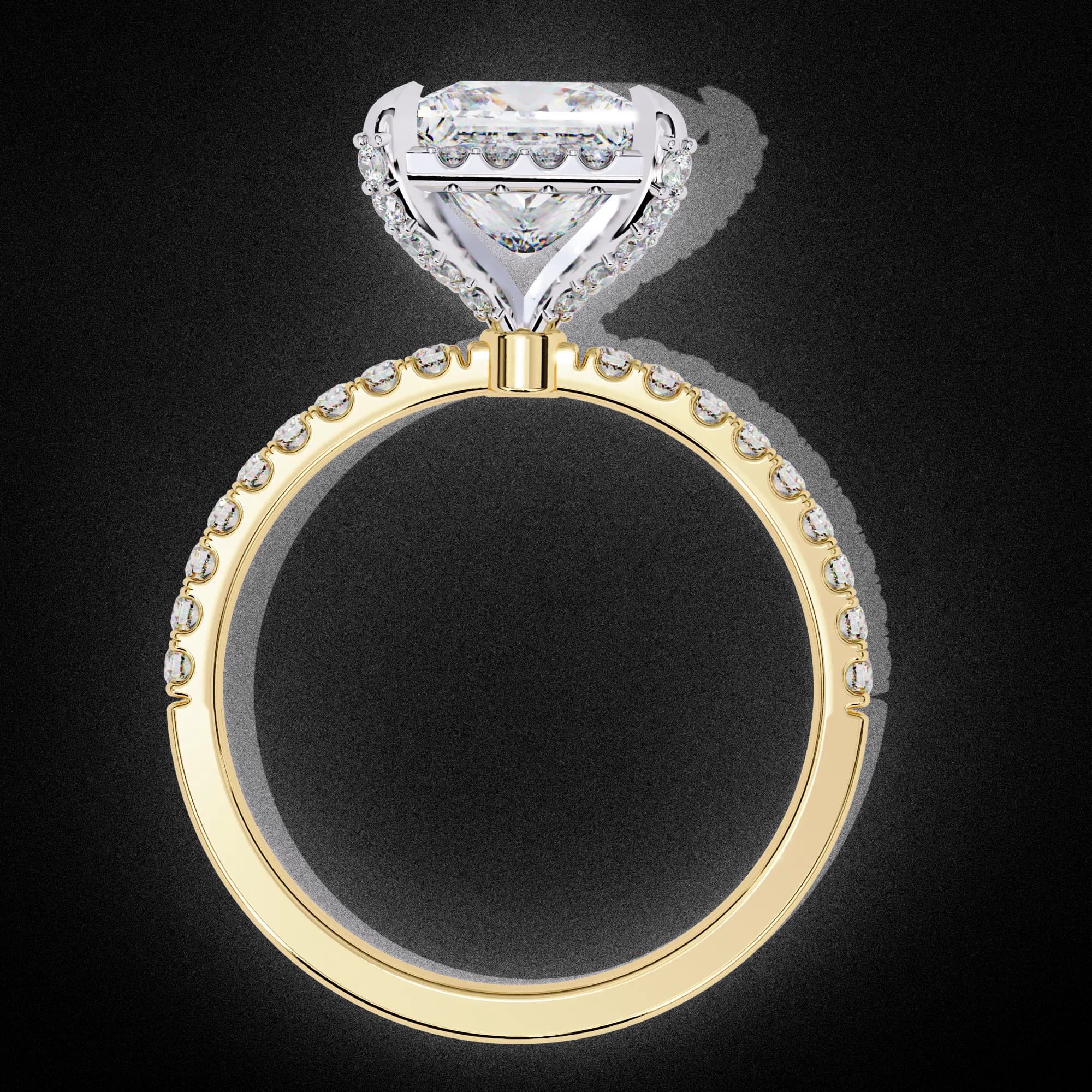 Princess cut lab grown diamond halo pavé engagement ring in yellow gold, through-finger view