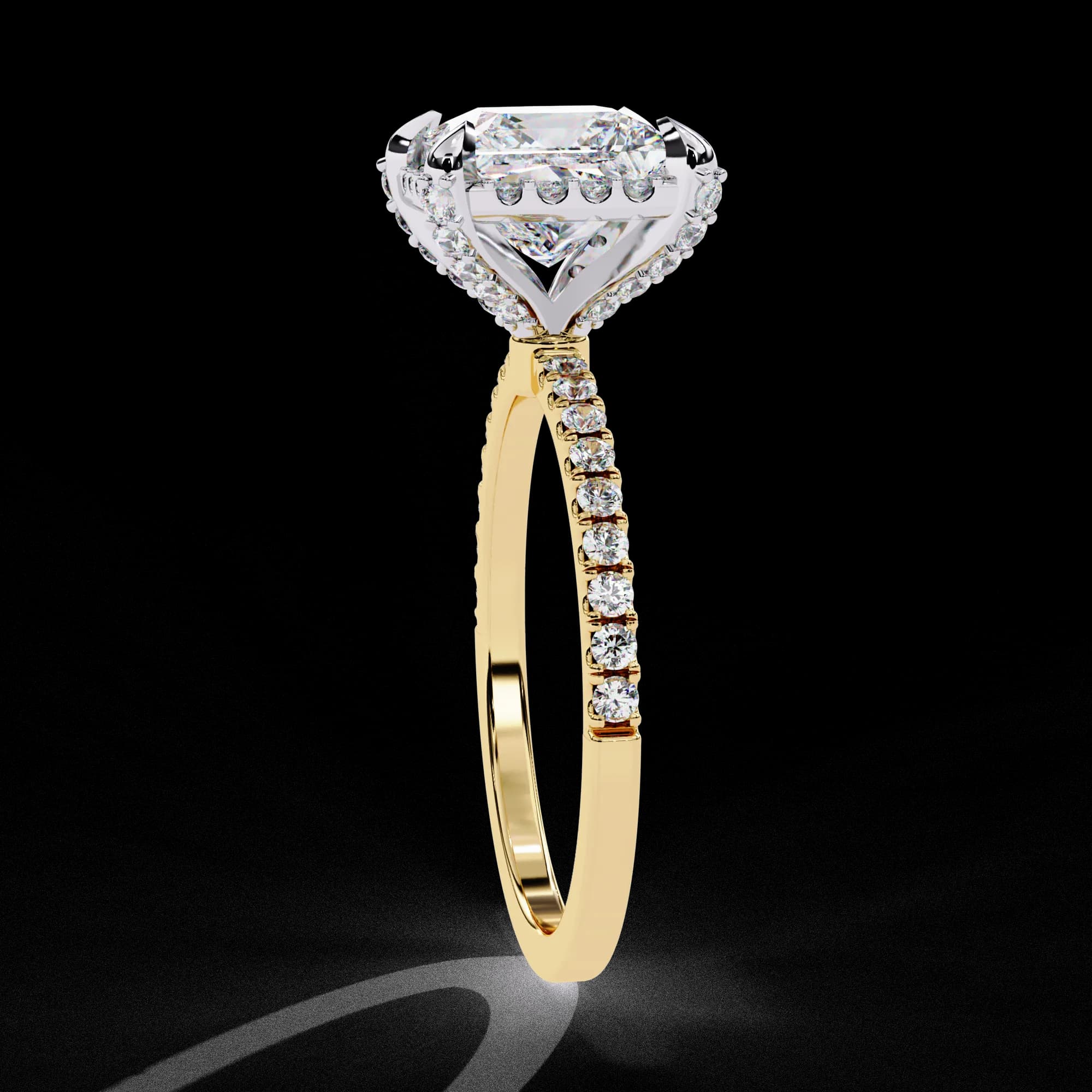 Princess cut lab grown diamond halo pavé engagement ring in yellow gold, side profile view