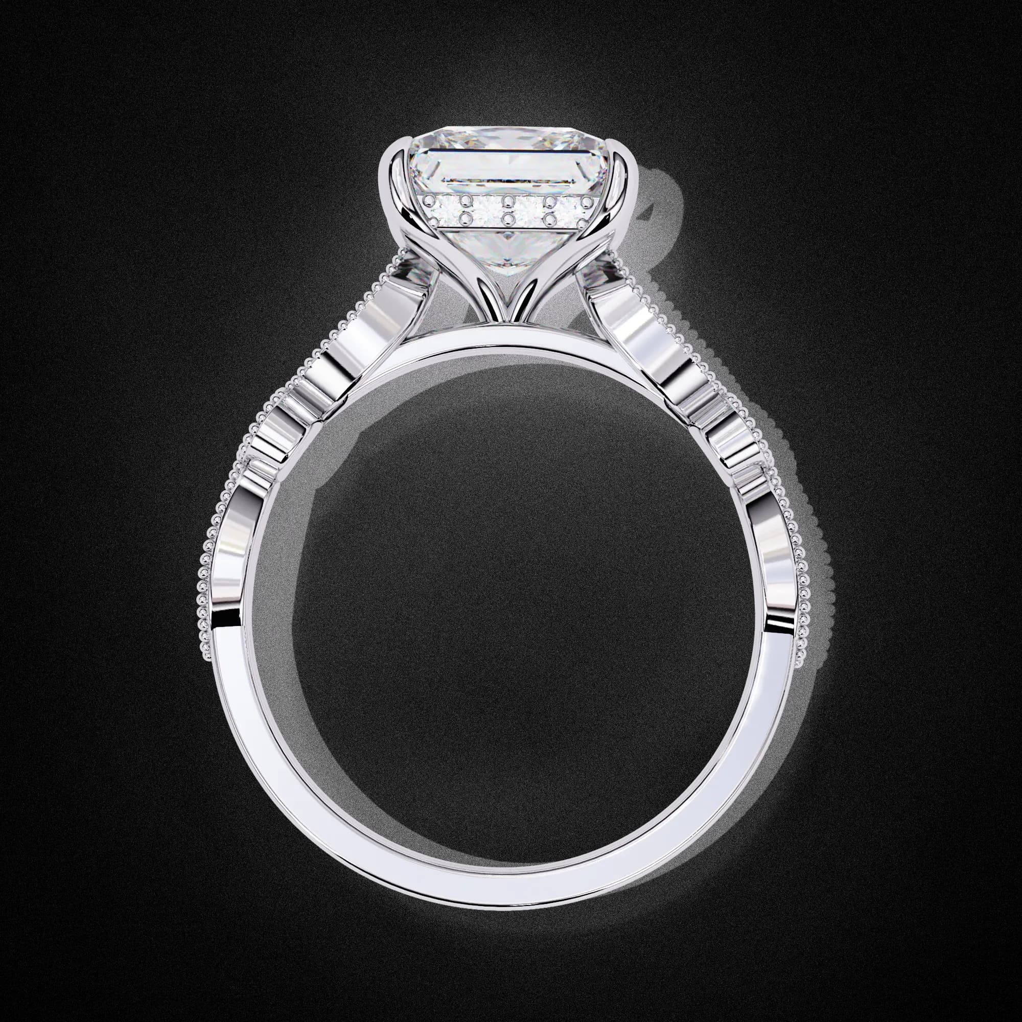 Princess cut lab grown diamond vintage milgrain engagement ring in white gold, through-finger view
