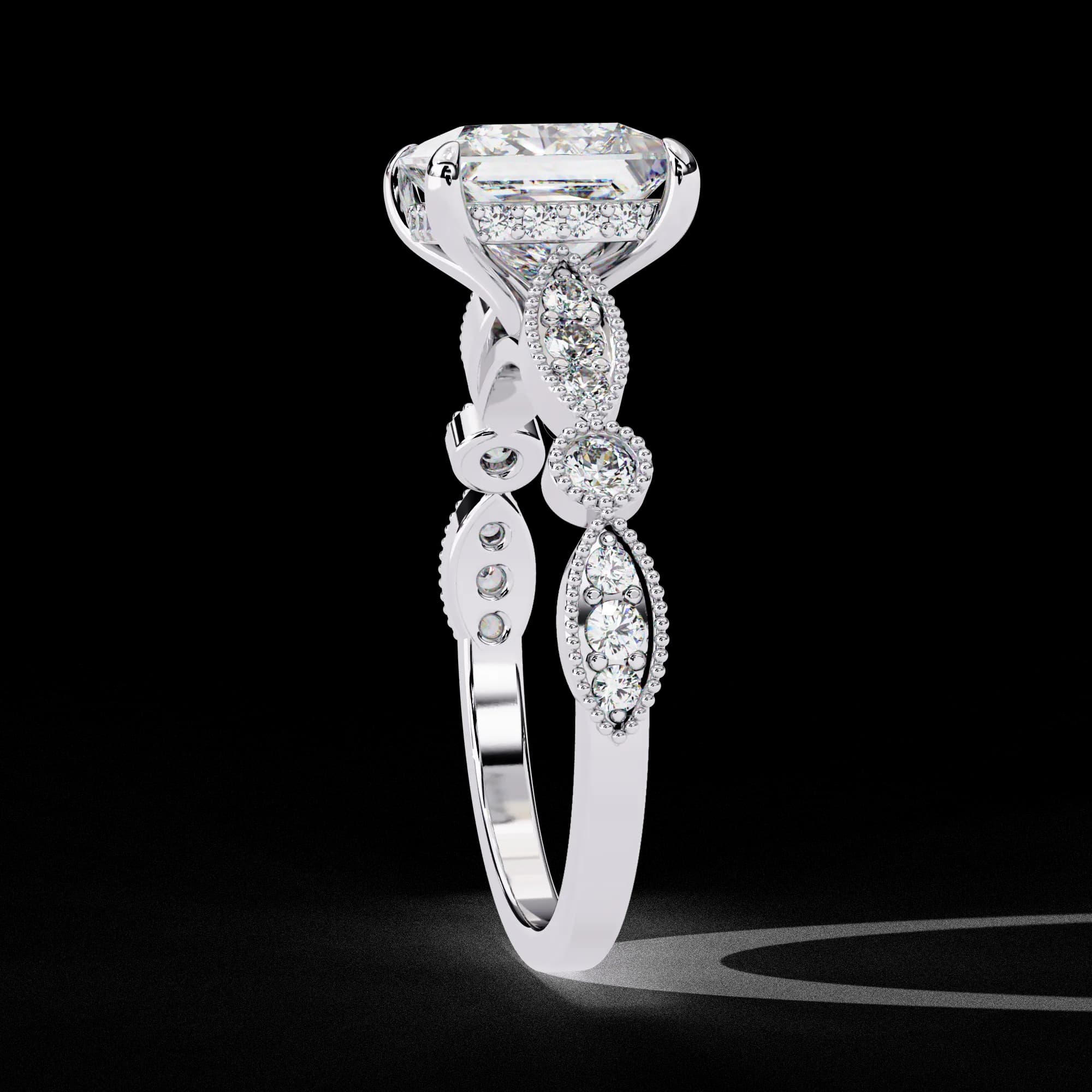 Princess cut lab grown diamond vintage milgrain engagement ring in white gold, profile view