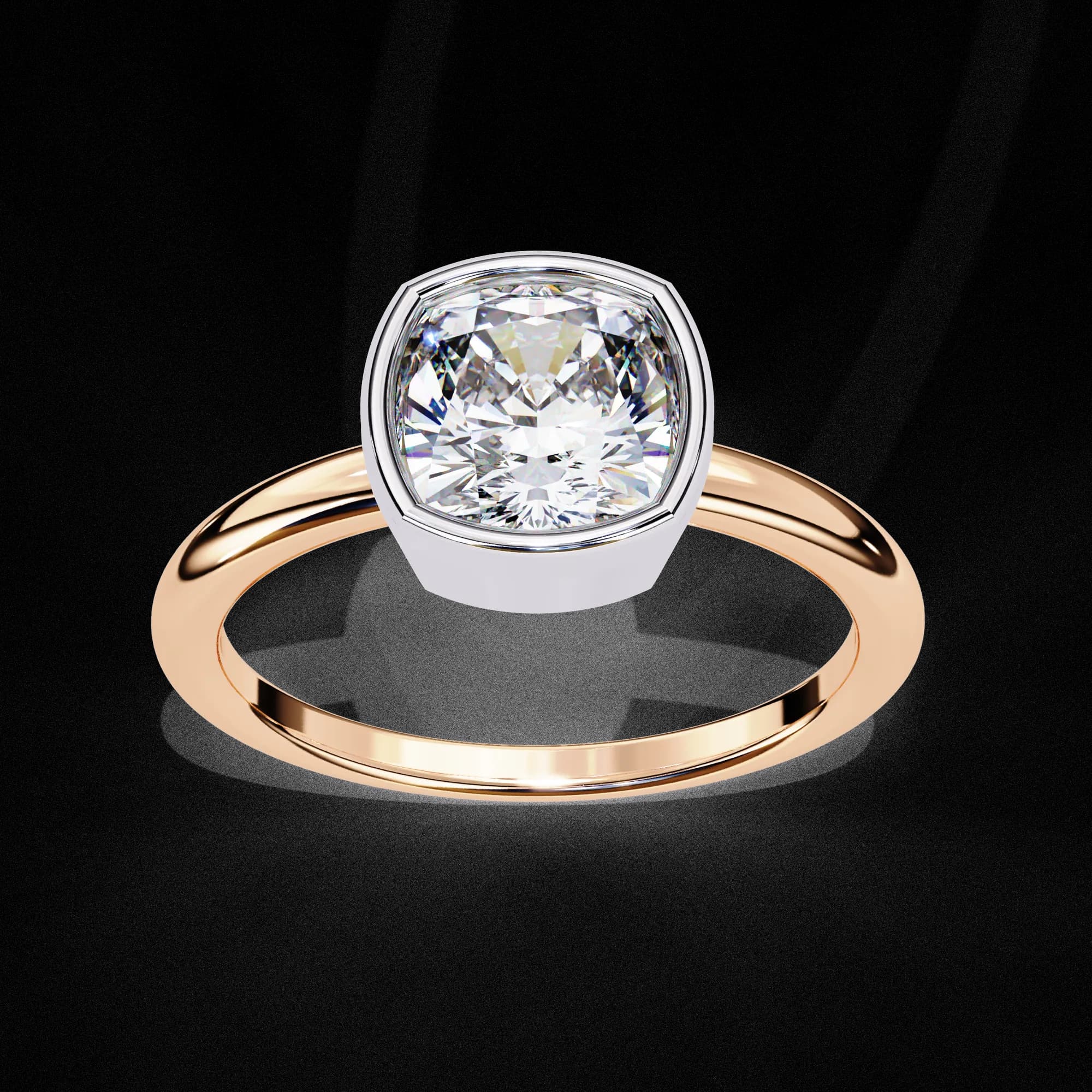 Cushion cut lab grown diamond bezel solitaire engagement ring in rose gold, three-quarter view
