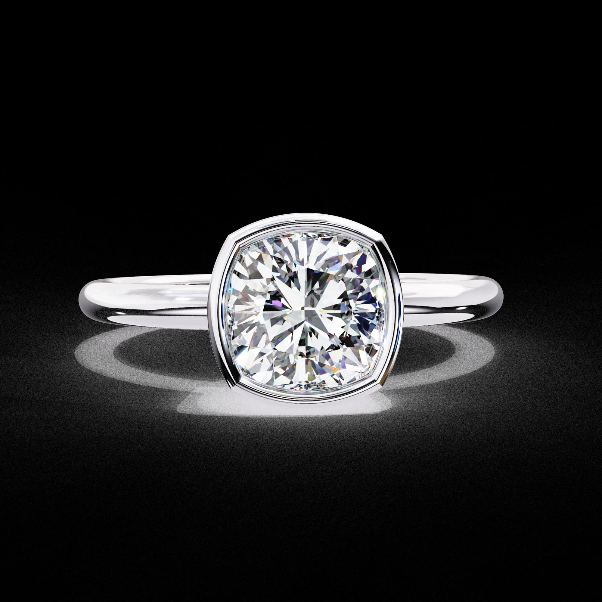 Cushion cut lab grown diamond bezel solitaire engagement ring in white gold, front view