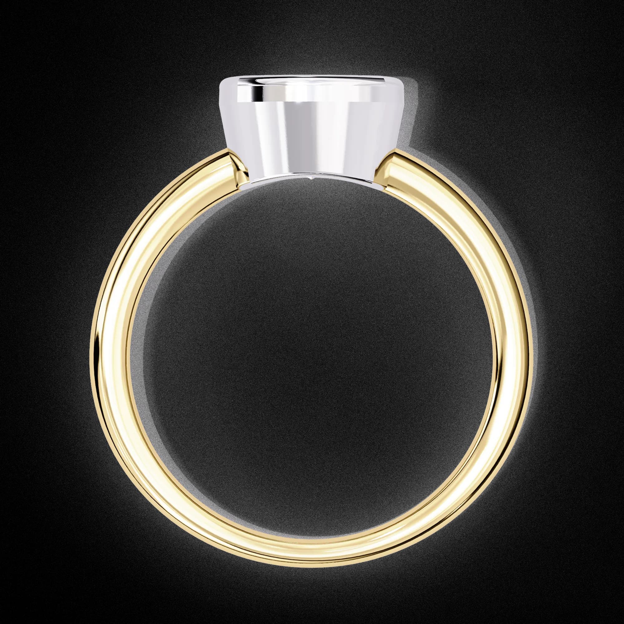 Cushion cut lab grown diamond bezel solitaire engagement ring in yellow gold, through-finger view