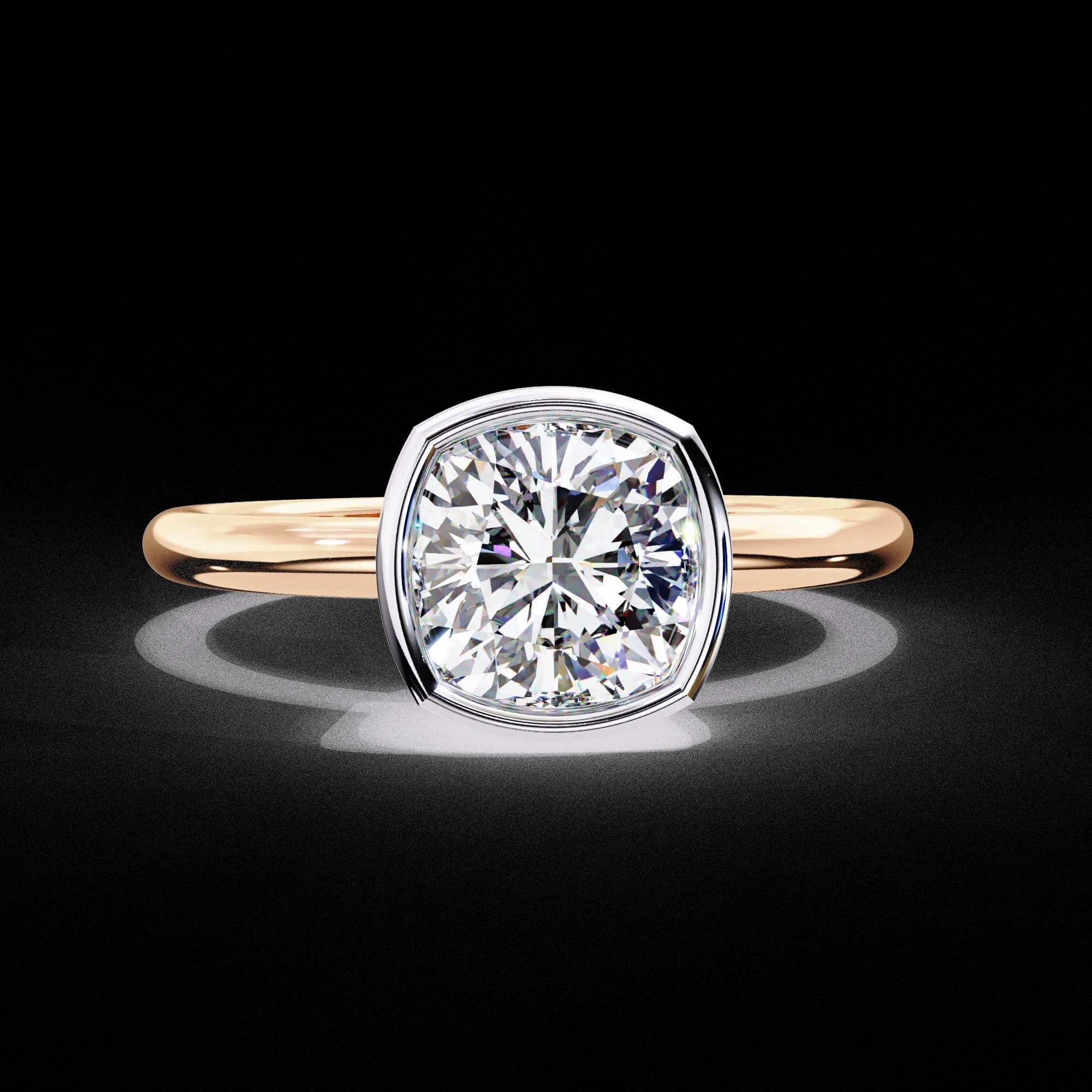 Cushion cut lab grown diamond bezel solitaire engagement ring in rose gold, front view