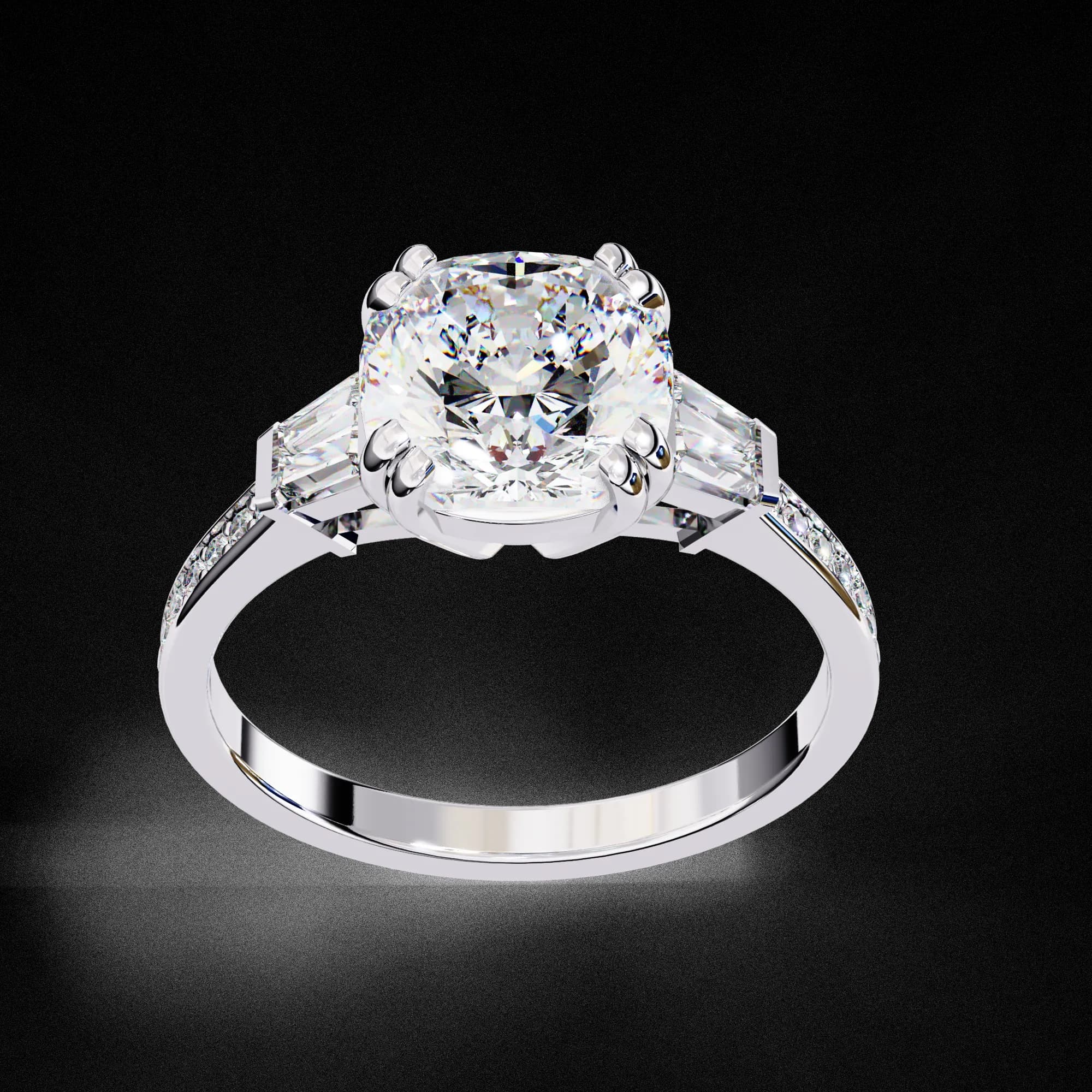 Round lab grown diamond three stone channel set engagement ring in white gold, angled view