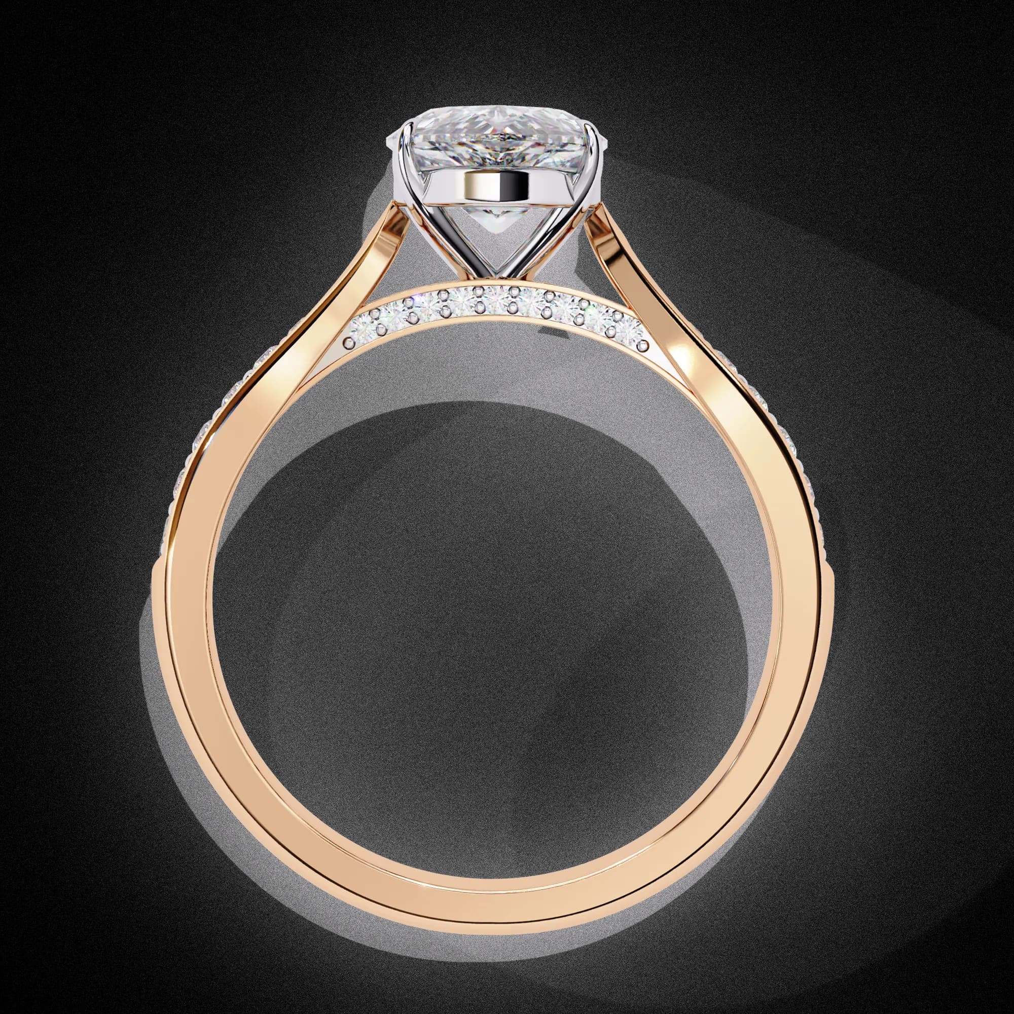 Pear cut lab grown diamond cathedral pavé solitaire engagement ring in rose gold, through-finger view