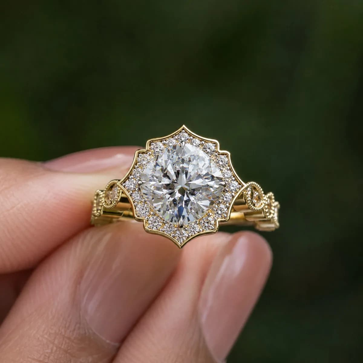 Cushion cut lab grown diamond vintage floral halo engagement ring in yellow gold held between fingertips