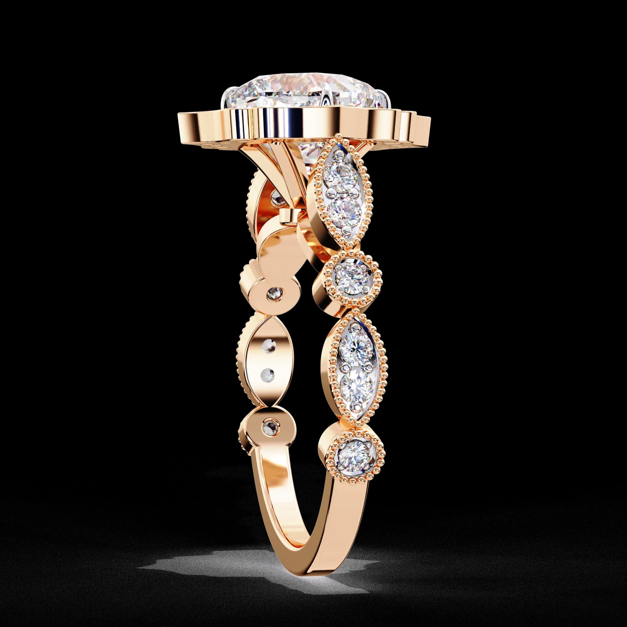 Cushion cut lab grown diamond vintage floral halo engagement ring in rose gold, side profile view