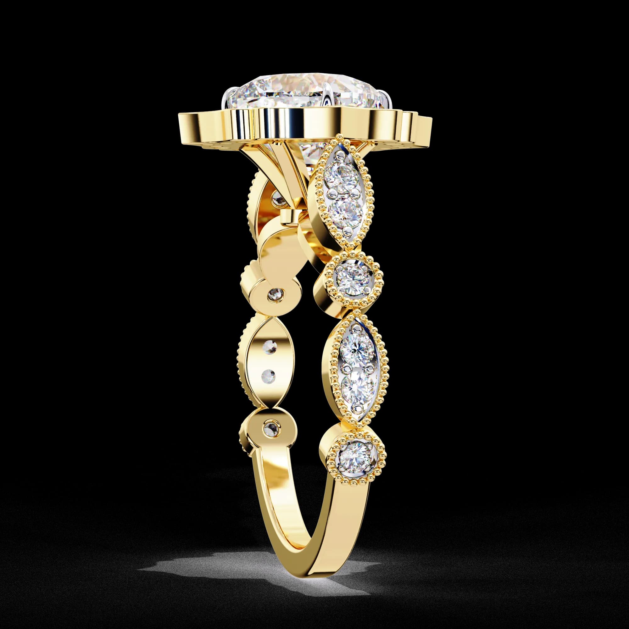 Cushion cut lab grown diamond vintage floral halo engagement ring in yellow gold, side profile view