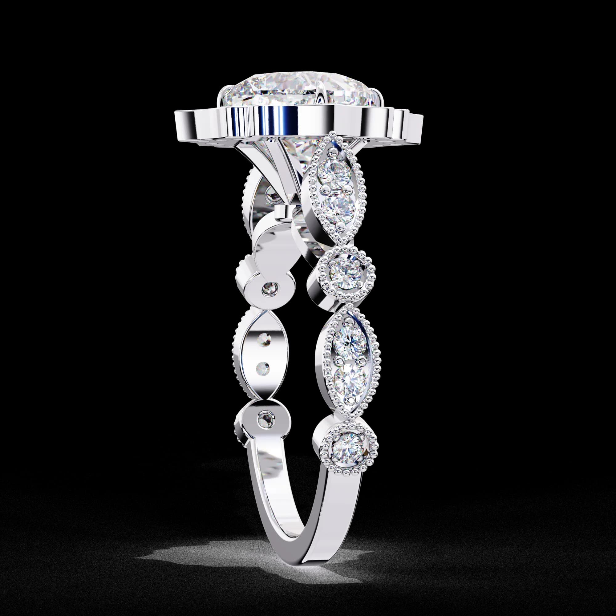 Cushion cut lab grown diamond vintage floral halo engagement ring in white gold, side profile view