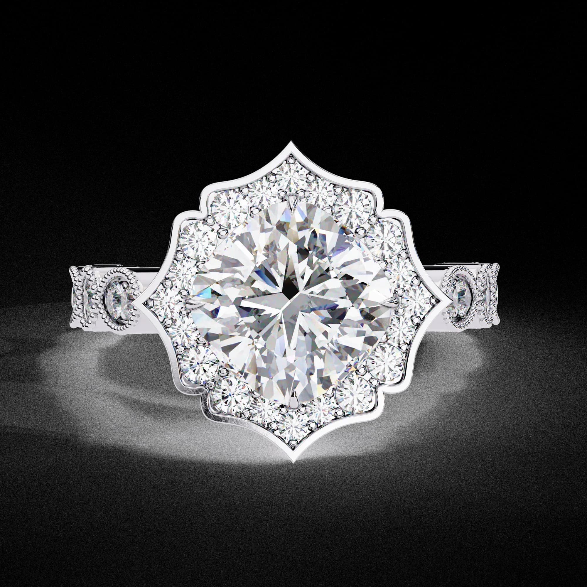 Cushion cut lab grown diamond vintage floral halo engagement ring in white gold, front view