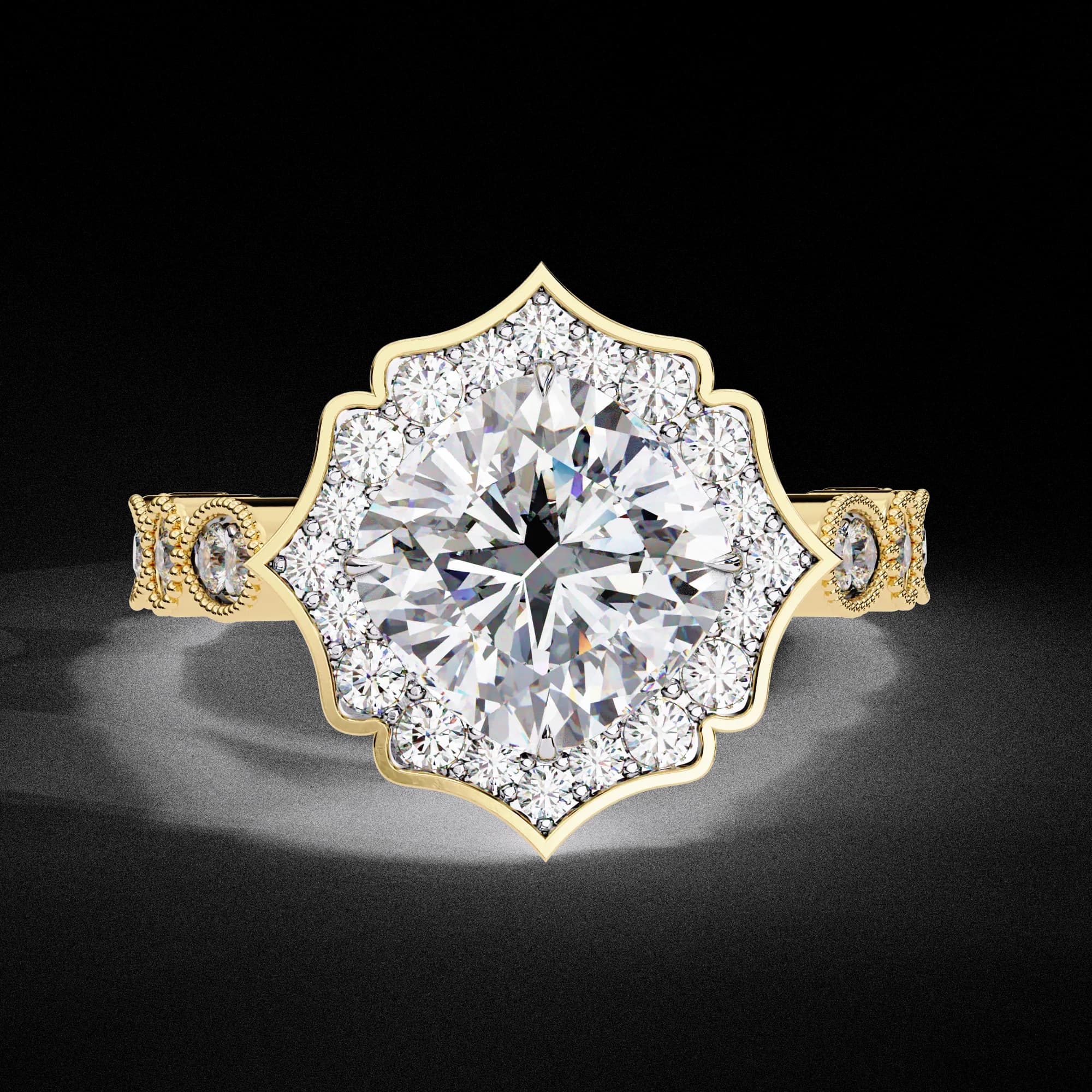 Cushion cut lab grown diamond vintage floral halo engagement ring in yellow gold, front view