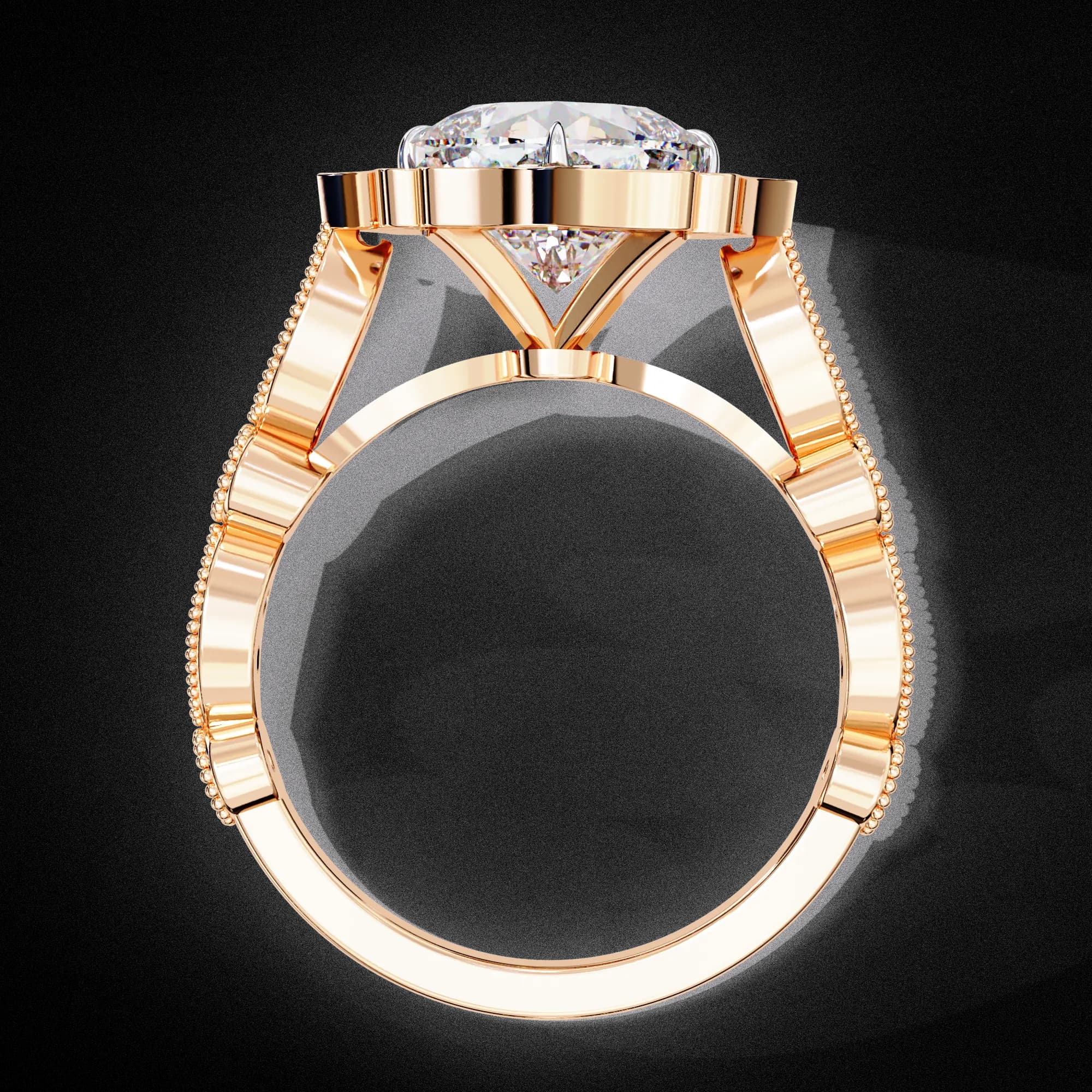 Cushion cut lab grown diamond vintage floral halo engagement ring in rose gold, through-finger view